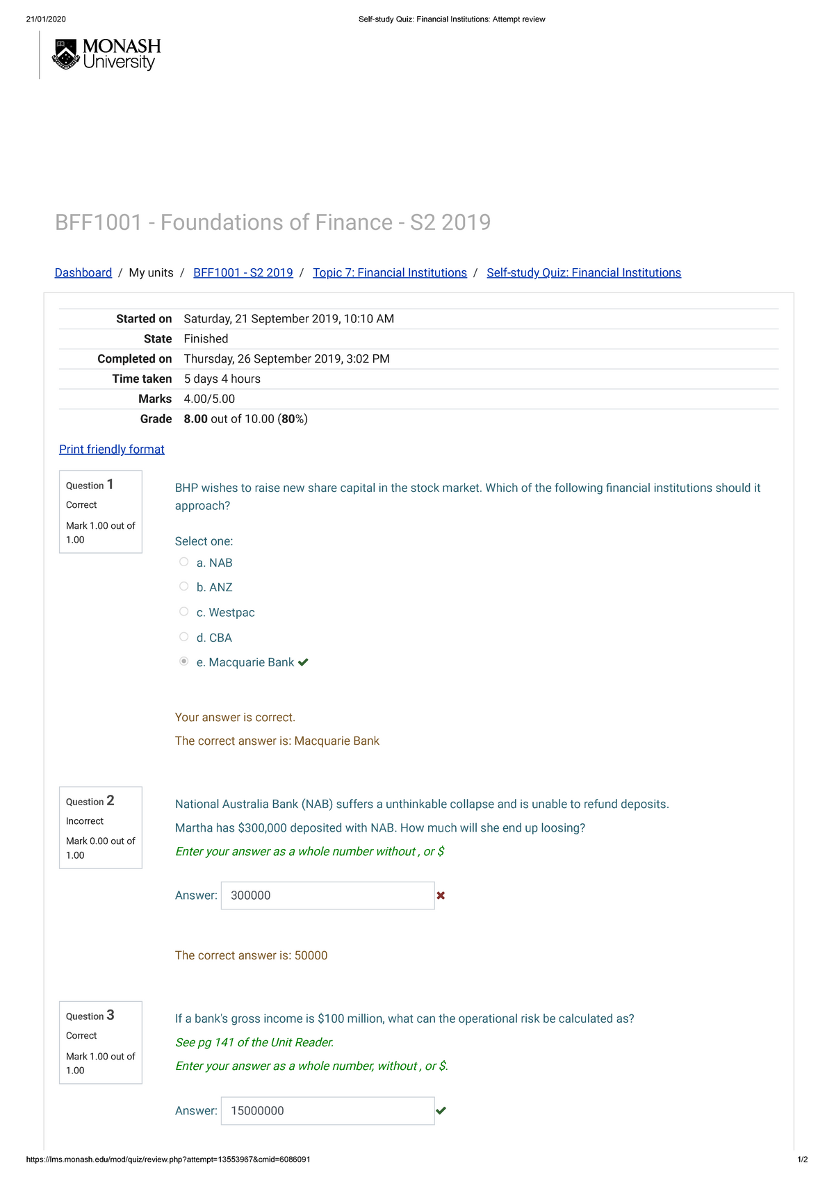 Self Study Quiz Financial Institutions Attempt Review Studocu