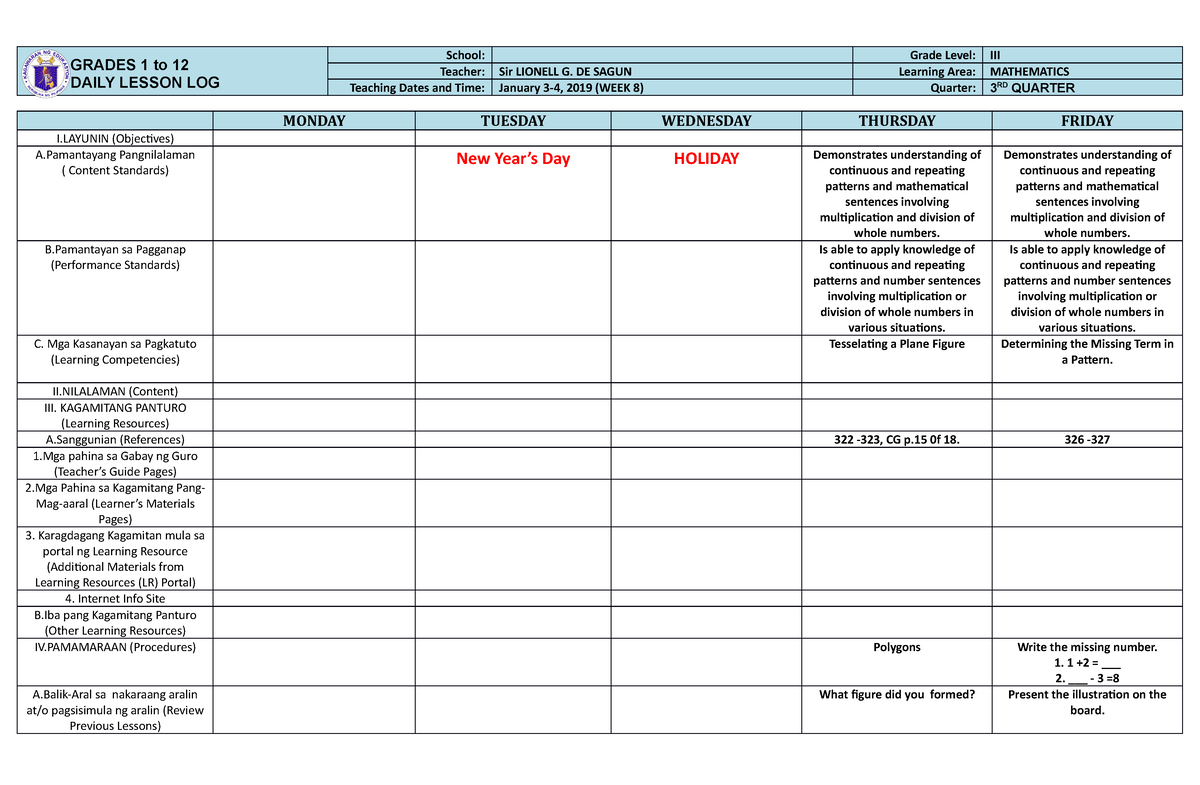 Mathematics 3 Q3 W8 DLL the theme of the team is the trim of the team ...