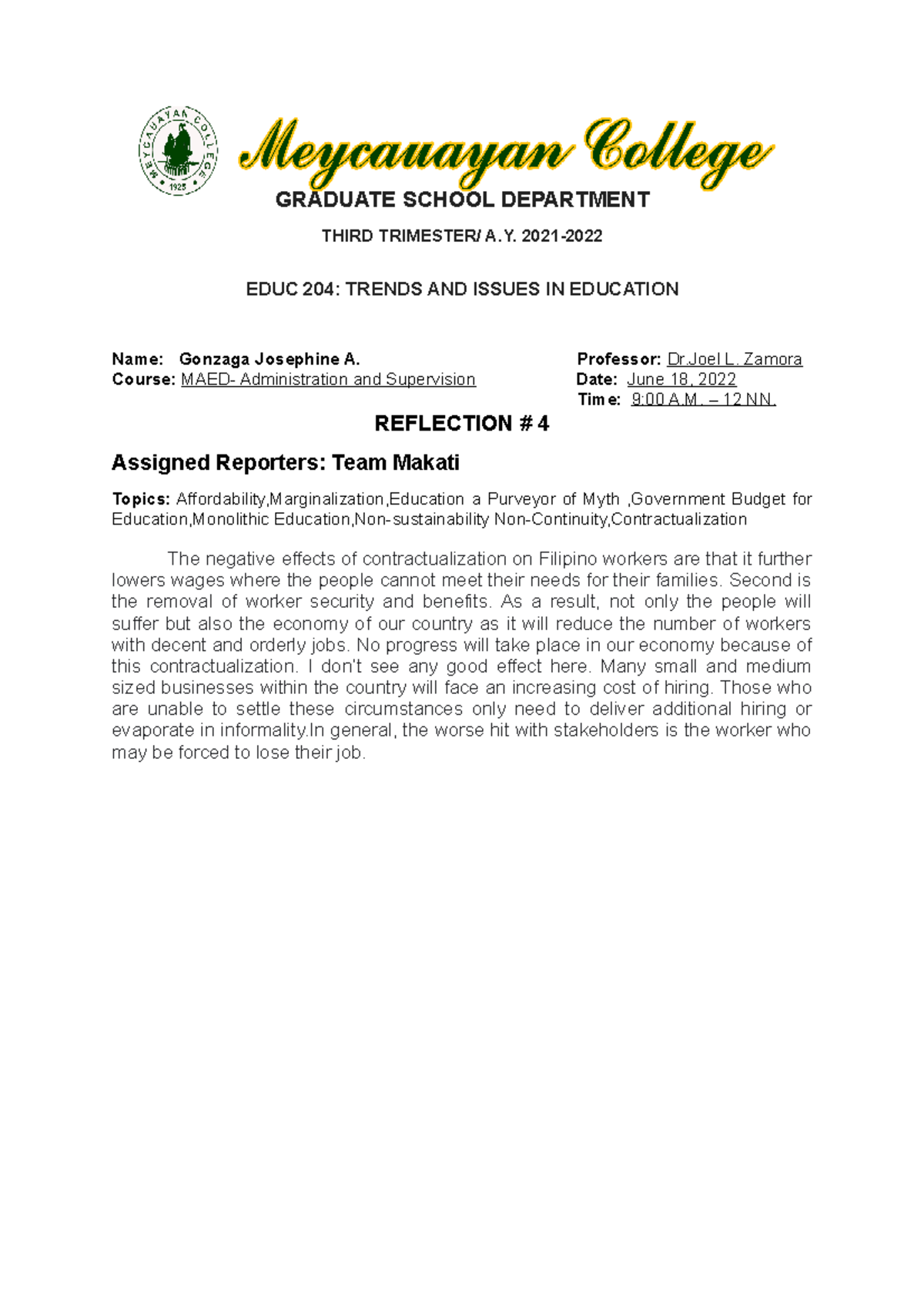 EDUC204 R4 Gonzaga Josephine A GRADUATE SCHOOL DEPARTMENT THIRD