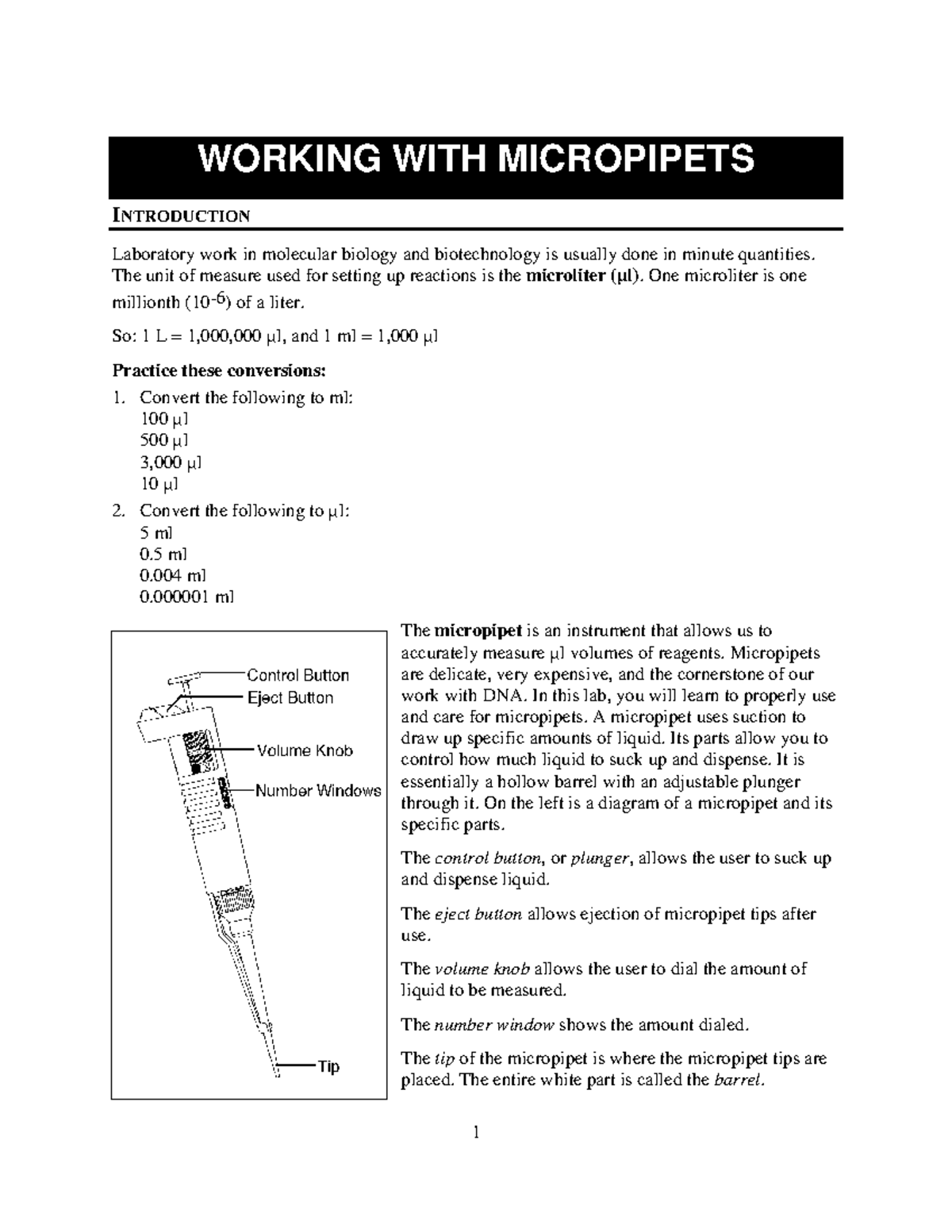Lab5 Micropipetting video WORKING WITH MICROPIPETS INTRODUCTION