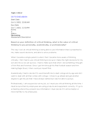 Critical thinking Essay - Critical Thinking Reflection College of ...