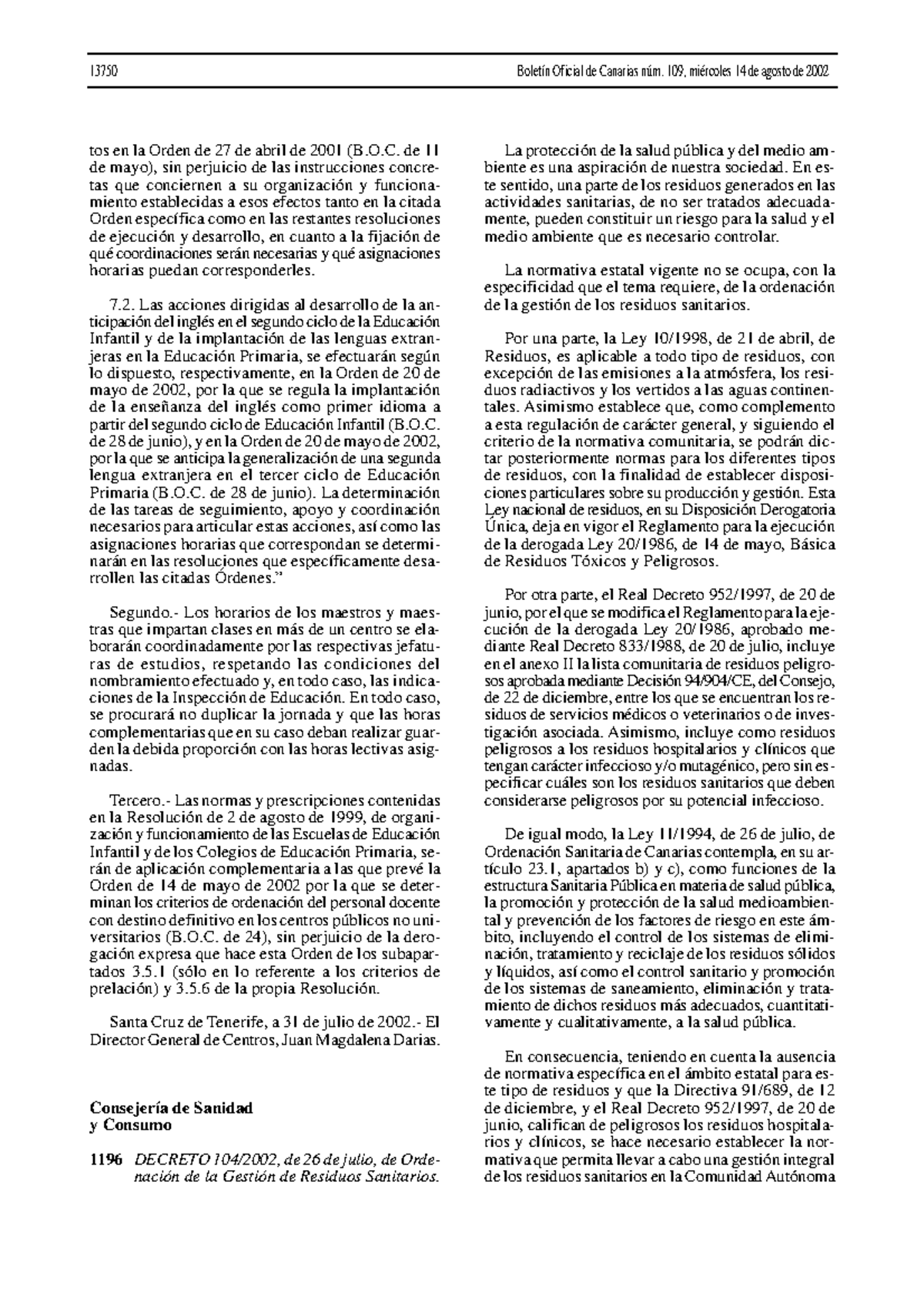 Decreto 104 2002 Residuos Sanitarios - tos en la Orden de 27 de abril ...