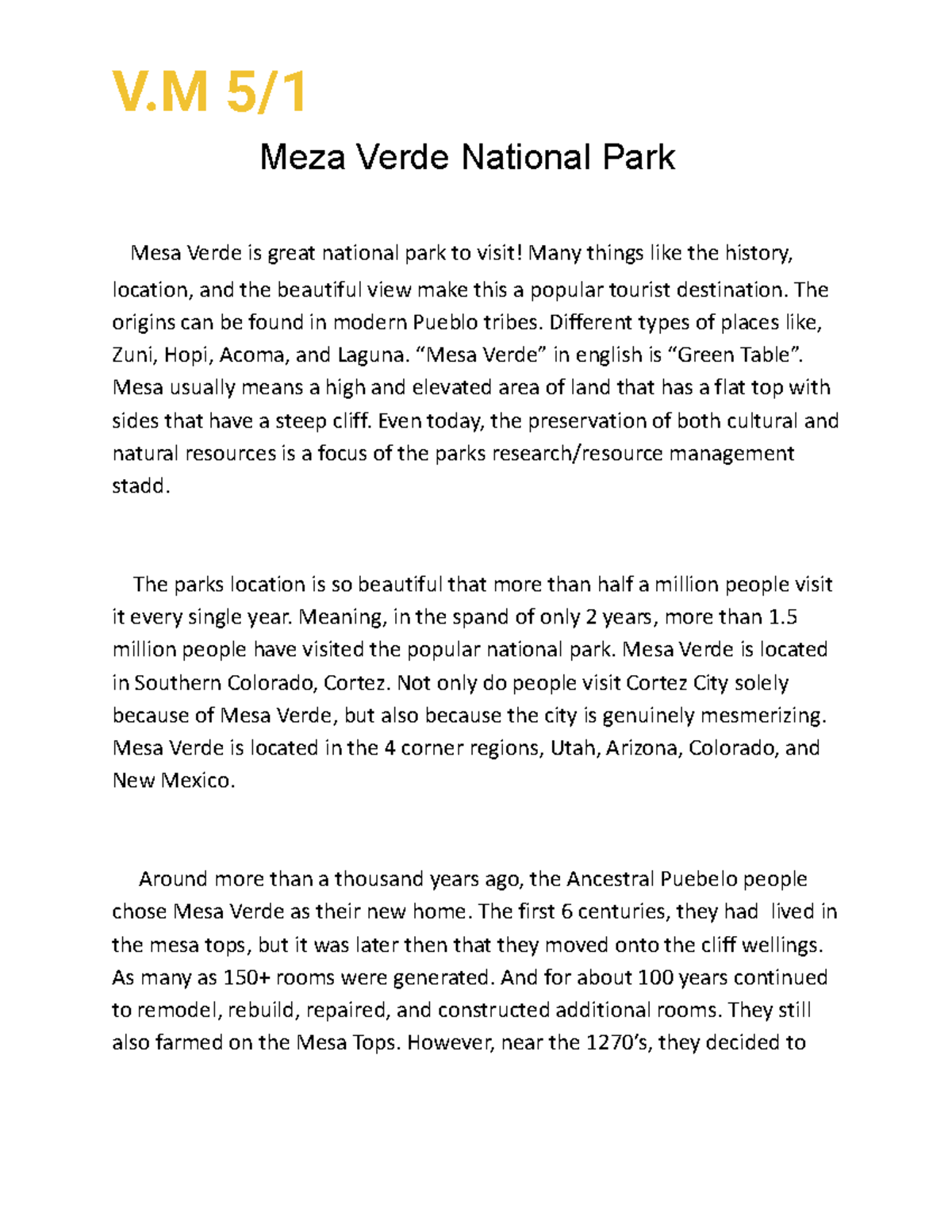 Meza Verde- Explanatory Writing Prompt - V 5/ Meza Verde National Park ...