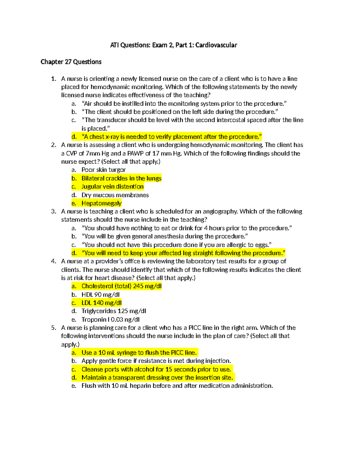 ATI Questions Cardiac Exam Part 1 1 - ATI Questions: Exam 2, Part 1 ...