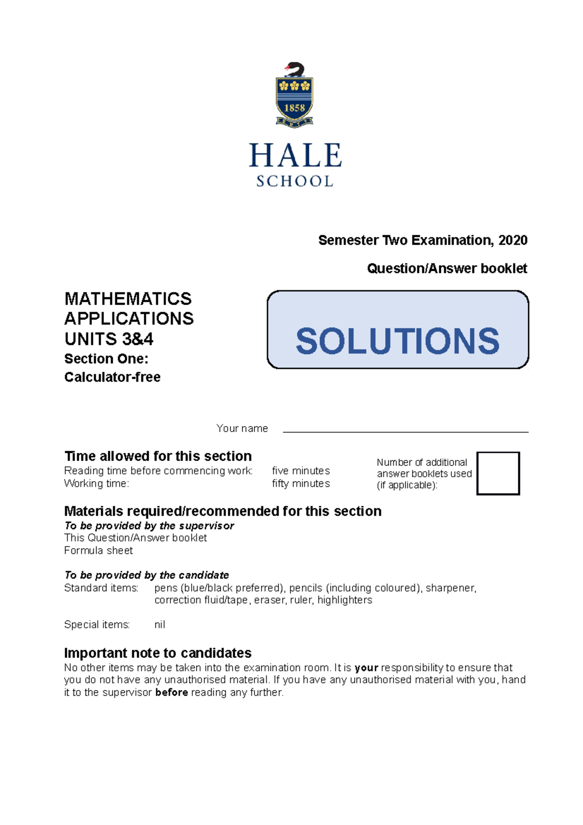 WAEP 2020 YR12 APPS U34 S1 Solns edited - Semester Two Examination ...