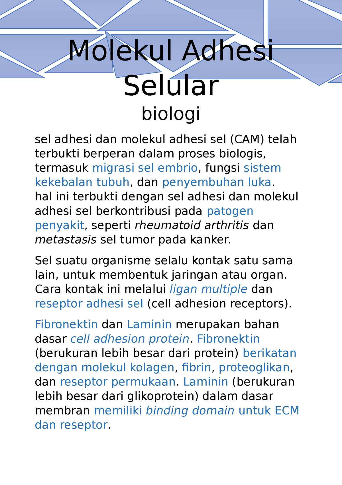 Molekul Adhesi Selular Molekul Adhesi Selular Biologi Sel Adhesi Dan