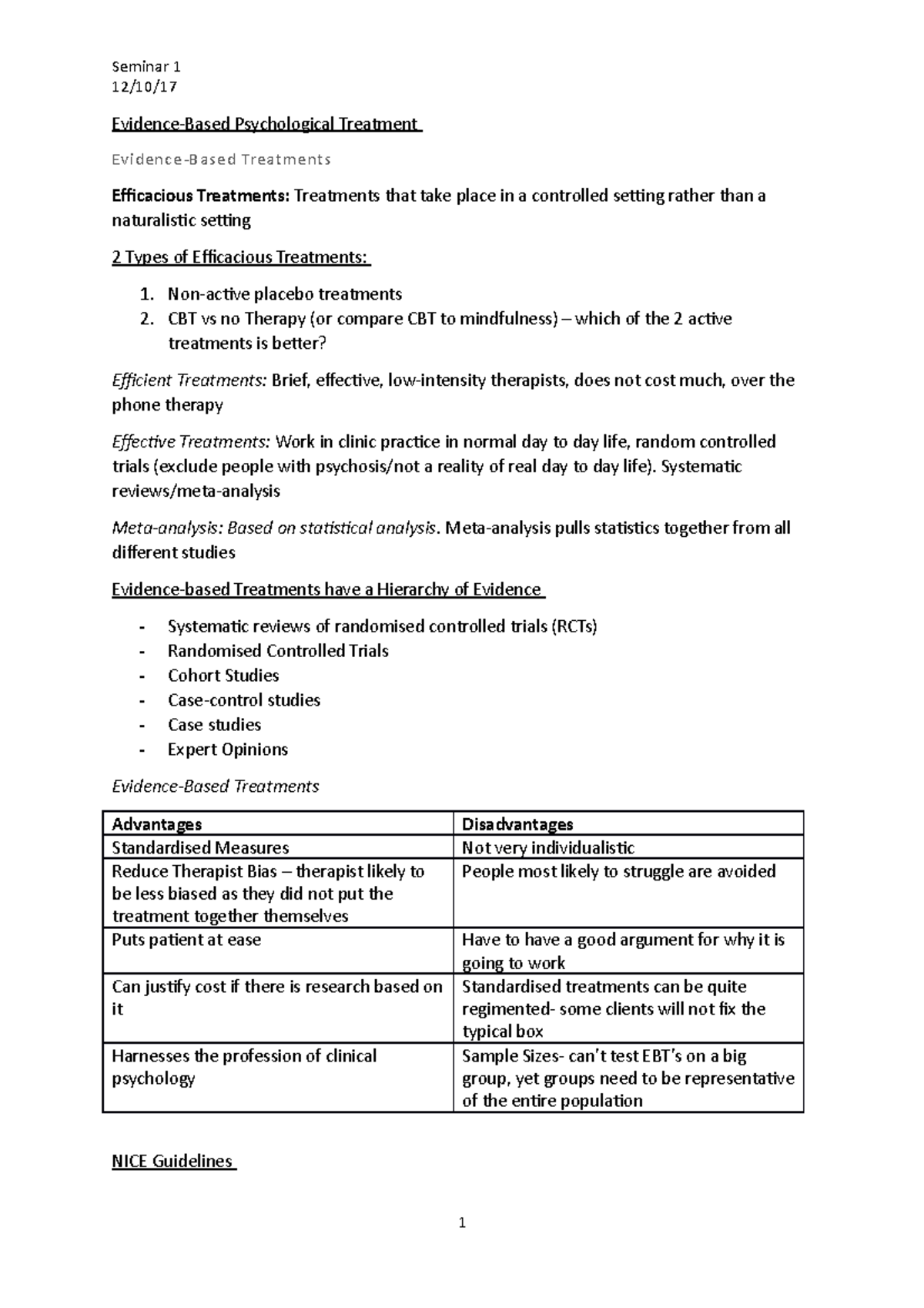 Seminar 1 Evidence Based Treatments - 12/10/ Evidence-Based ...