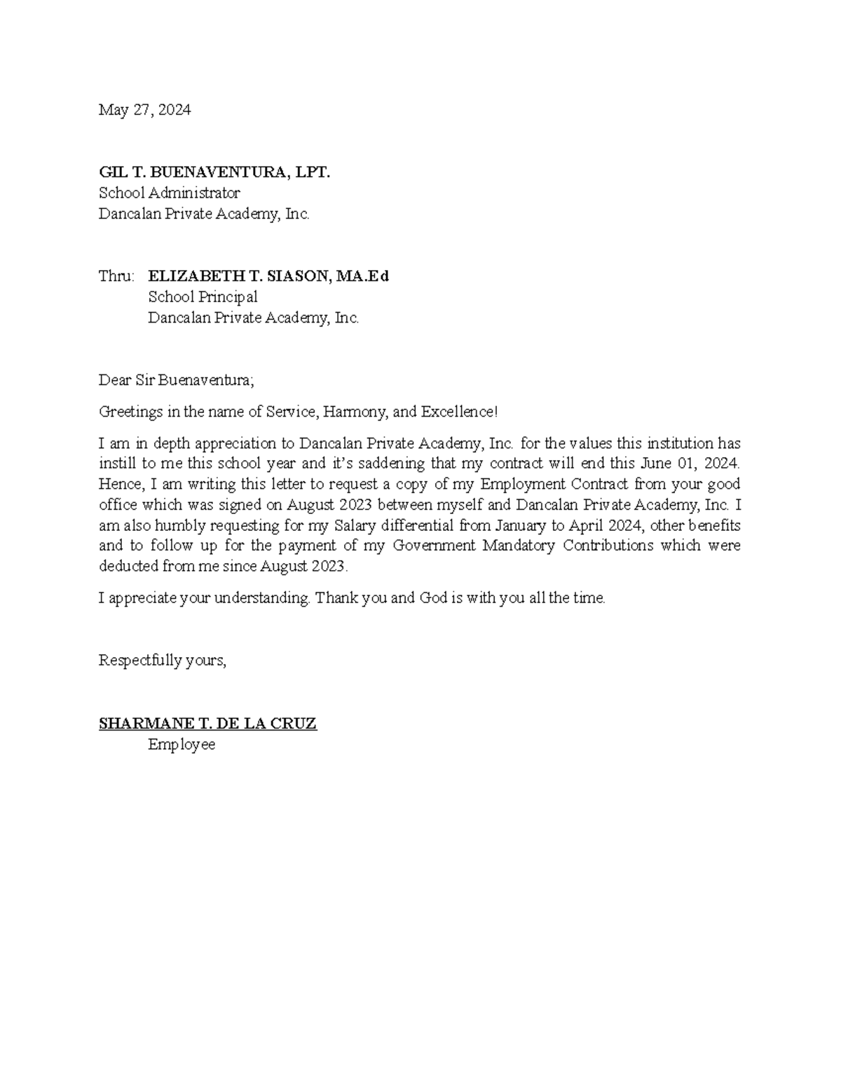 Letter - May 27, 2024 GIL T. BUENAVENTURA, LPT. School Administrator ...