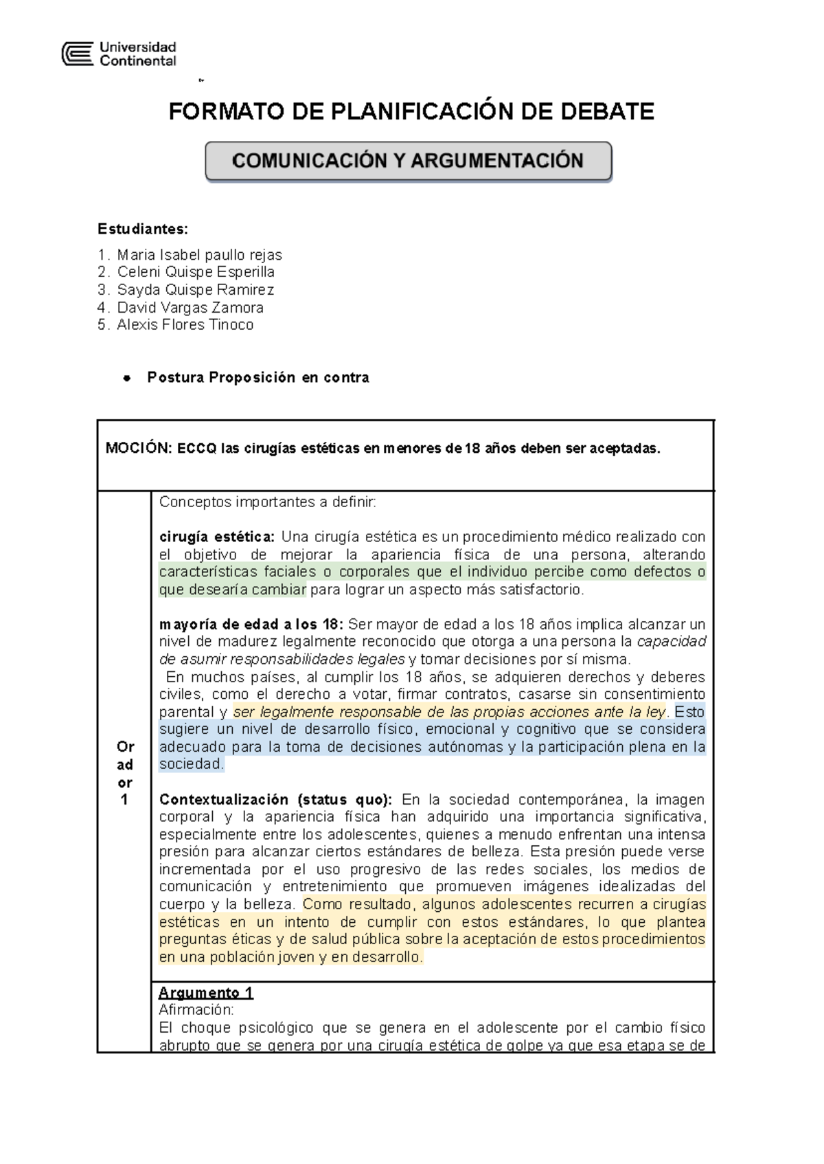 Formato DE Planificación DE Debate Grupo 7 Y 8 - De FORMATO DE ...