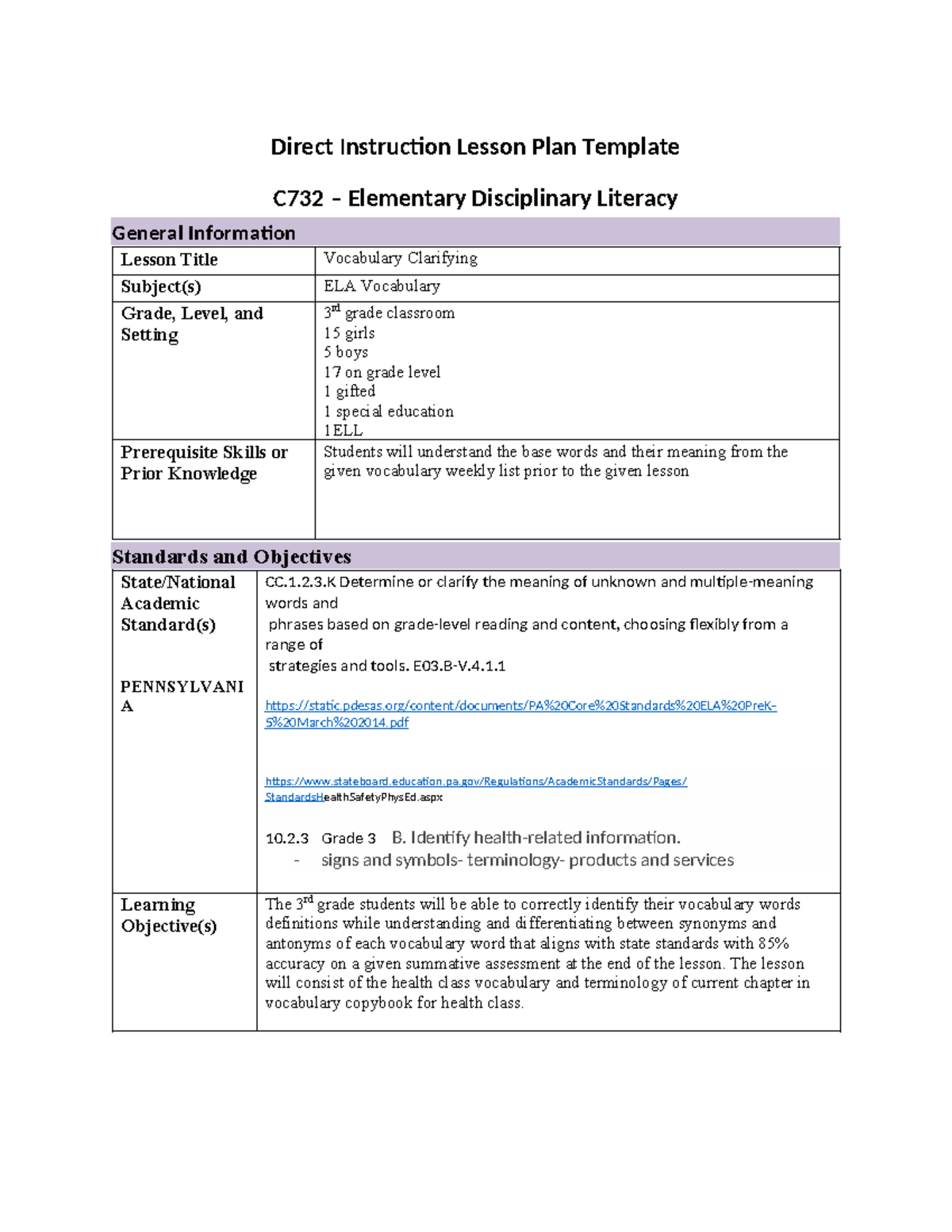 C732 Task 1 - an idea of task expectancy - Direct Instruction Lesson ...