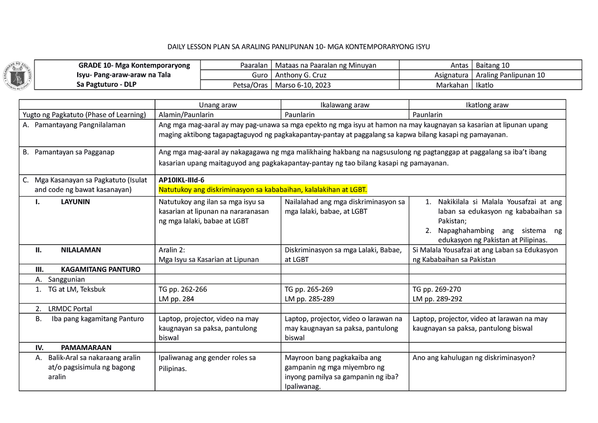 Dlp Iii 4 Na Daily Lesson Plan Sa Araling Panlipunan 10 Mga Kontemporaryong Isyu Grade 10 4321