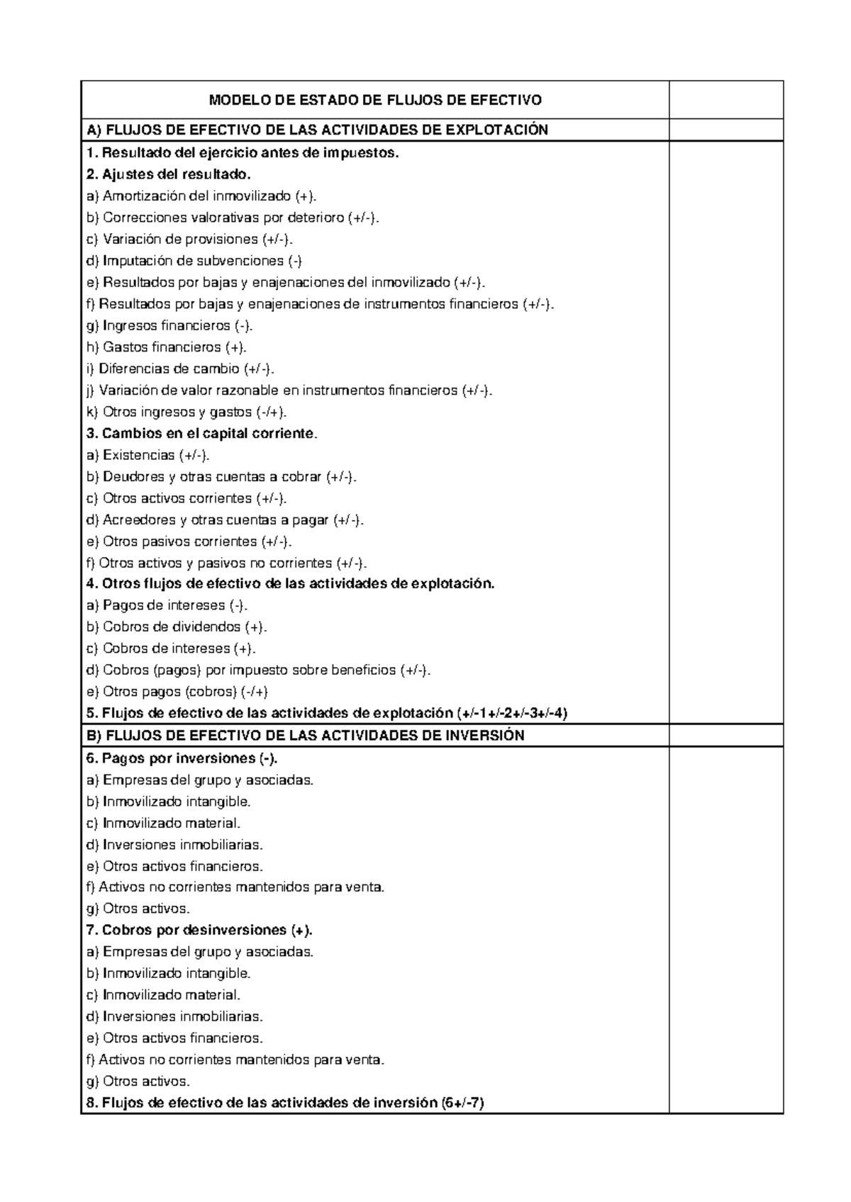 Plantilla EFE - MODELO DE ESTADO DE FLUJOS DE EFECTIVO A) FLUJOS DE ...