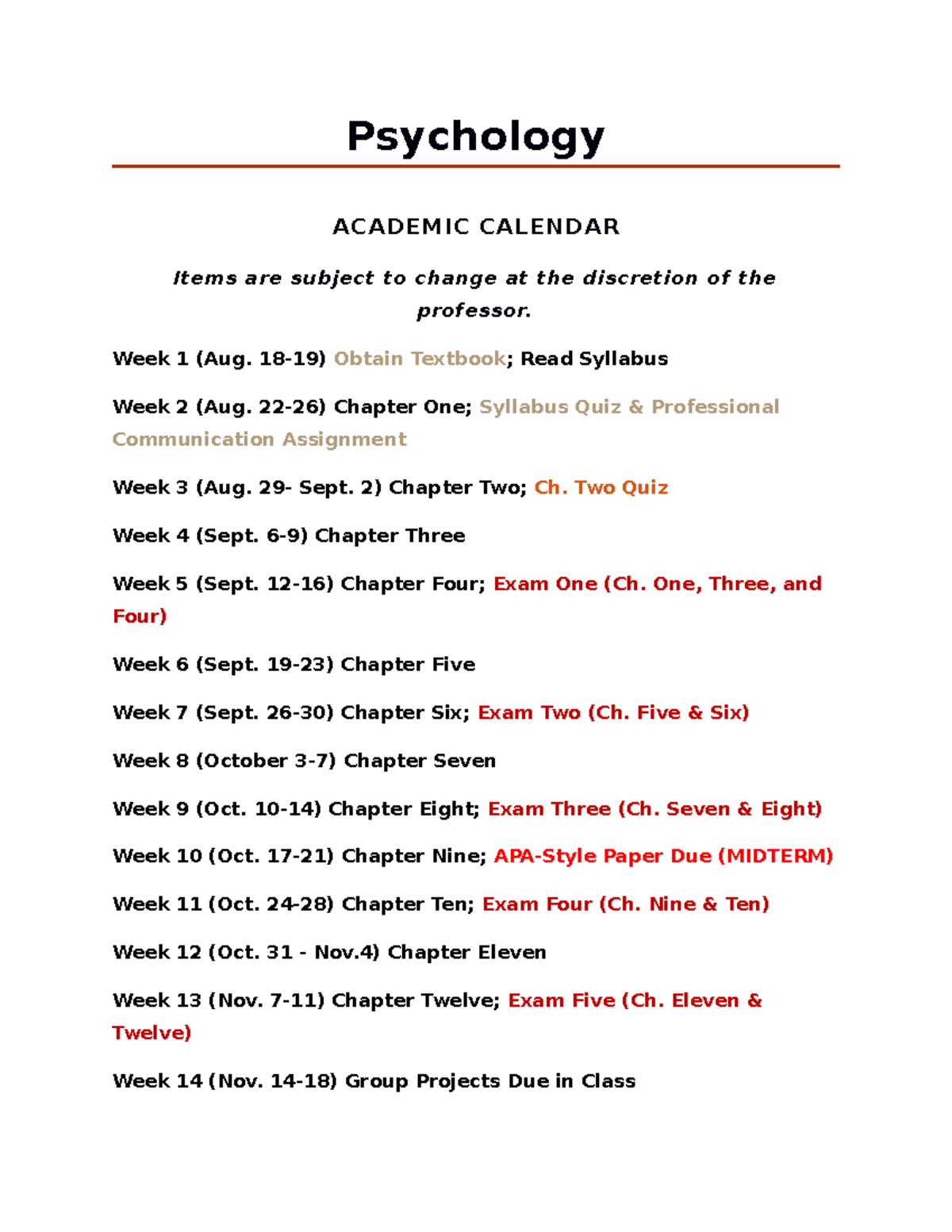 Music Appreciation Academic Calender Psychology ACADEMIC CALENDAR