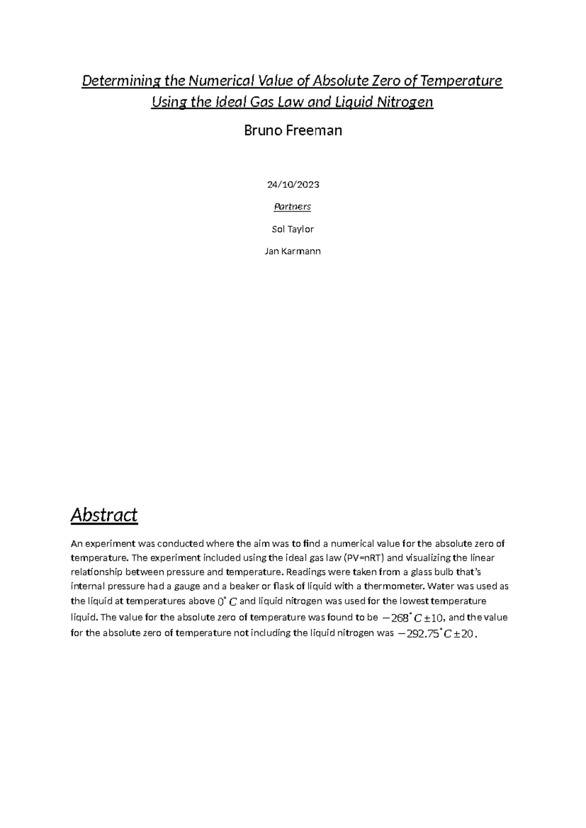 Physics report - Determining the Numerical Value of Absolute Zero of ...