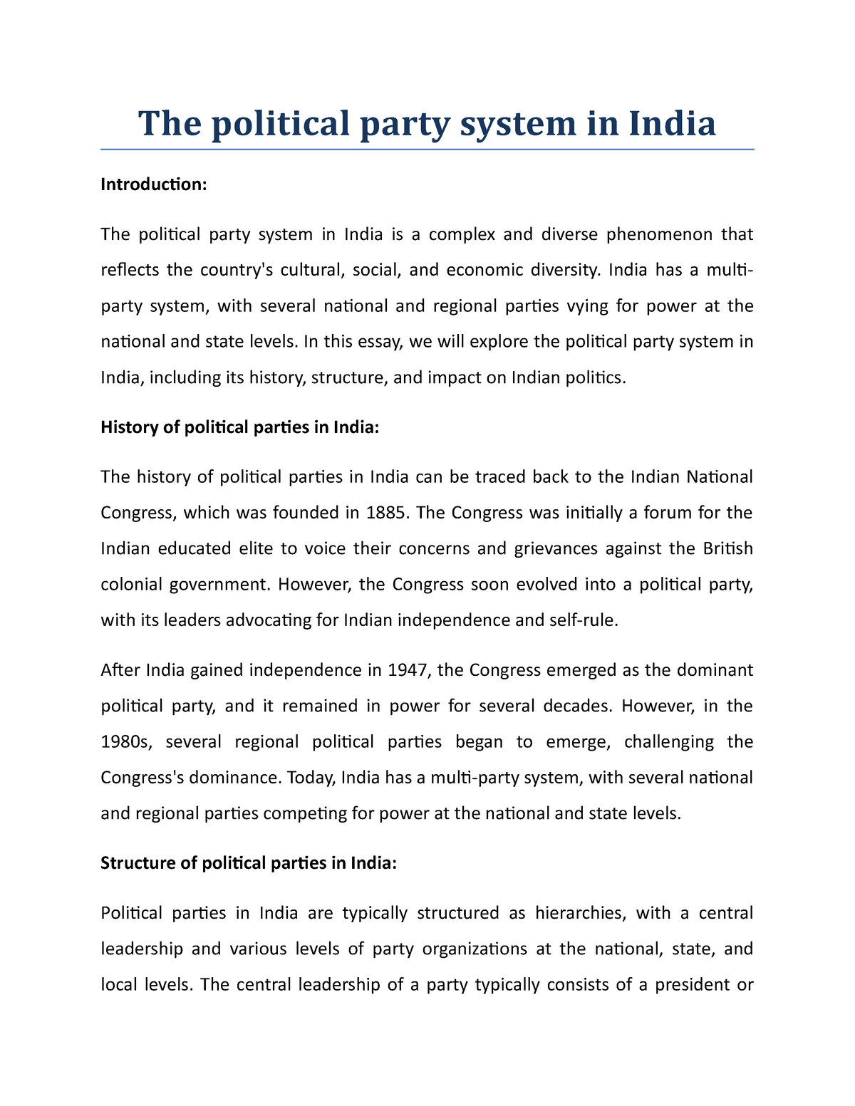 write an essay on political party system in india