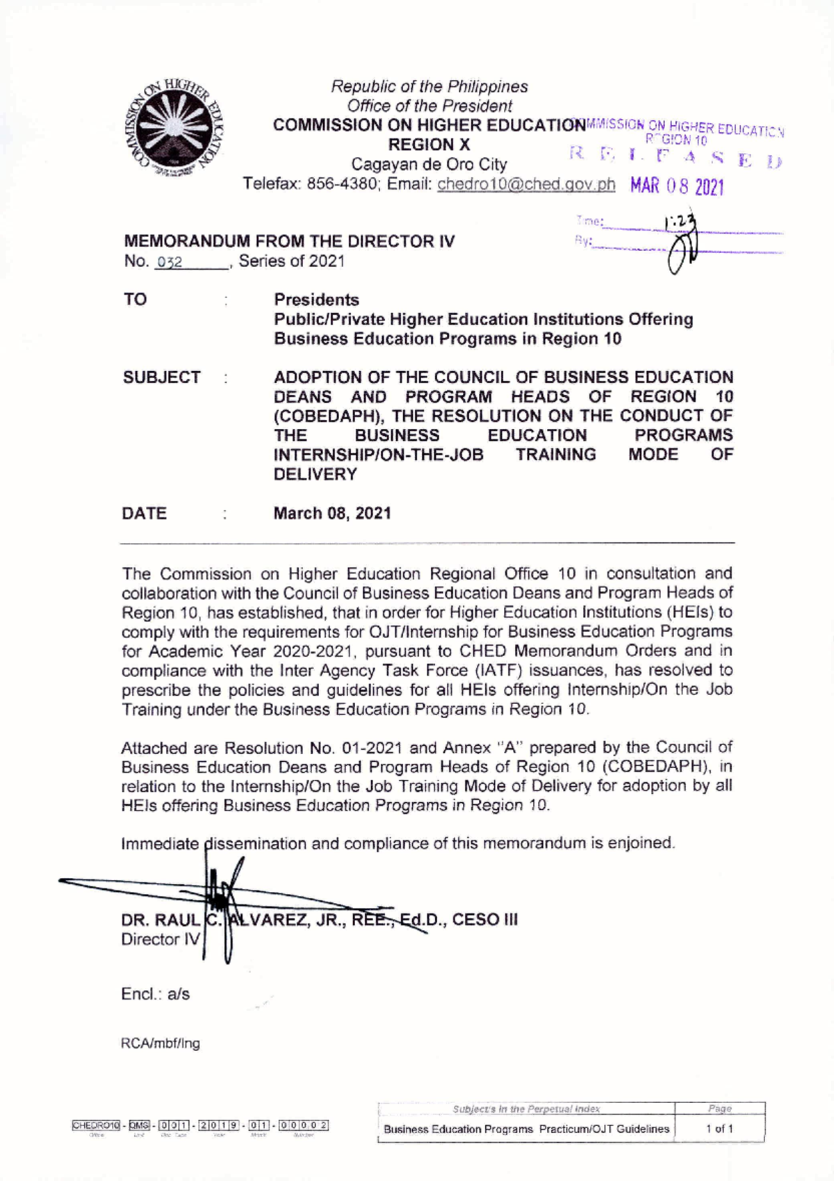 MEMO FROM DIR IV No 032 s 2021- Adoption OF Cobedaph THE Resolution ON ...