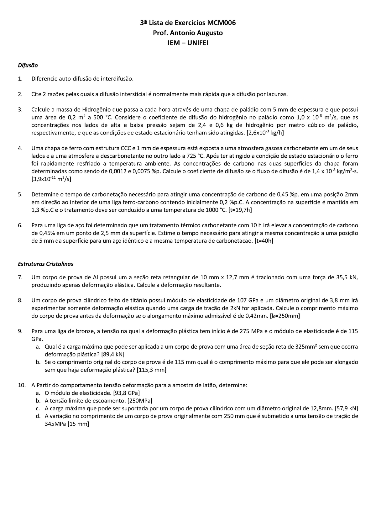 Lista De Exerccios P3 - 2019 - Professor Antônio - UNIFEI - 3ª Lista De ...