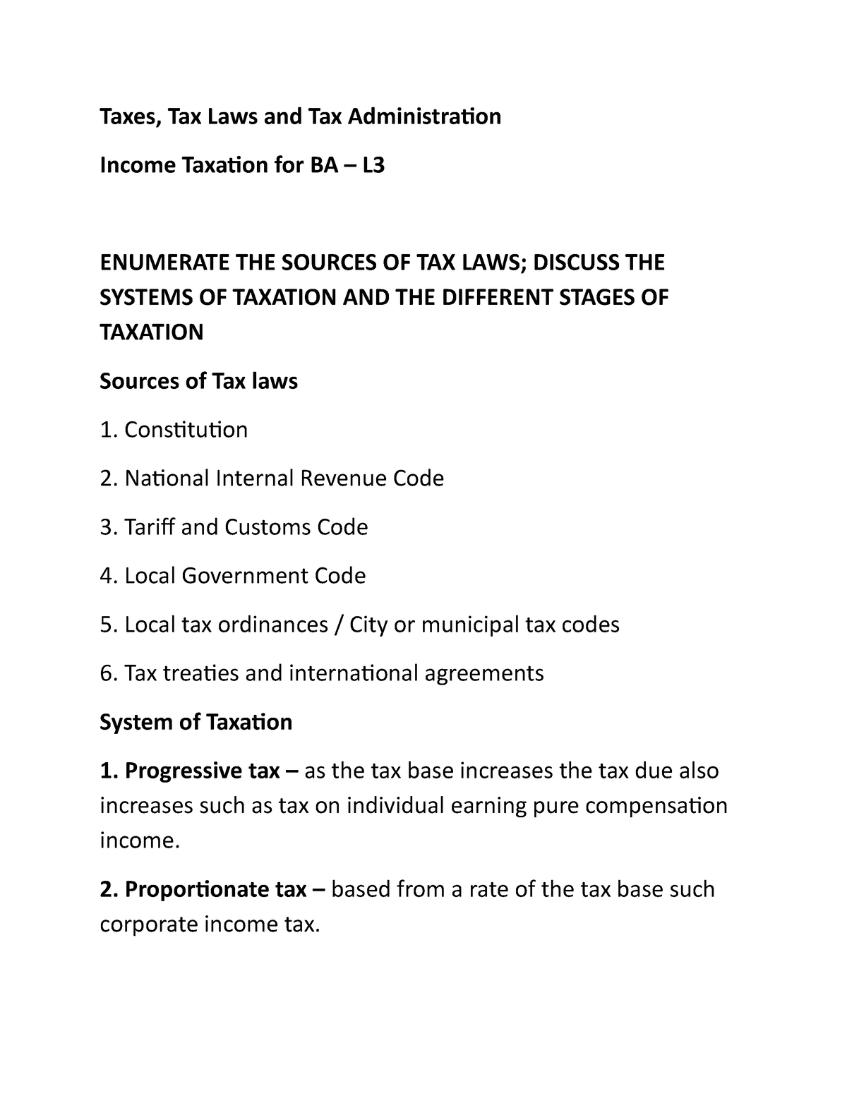 Income Taxation - 3 - Lecture Notes - Taxes, Tax Laws And Tax ...