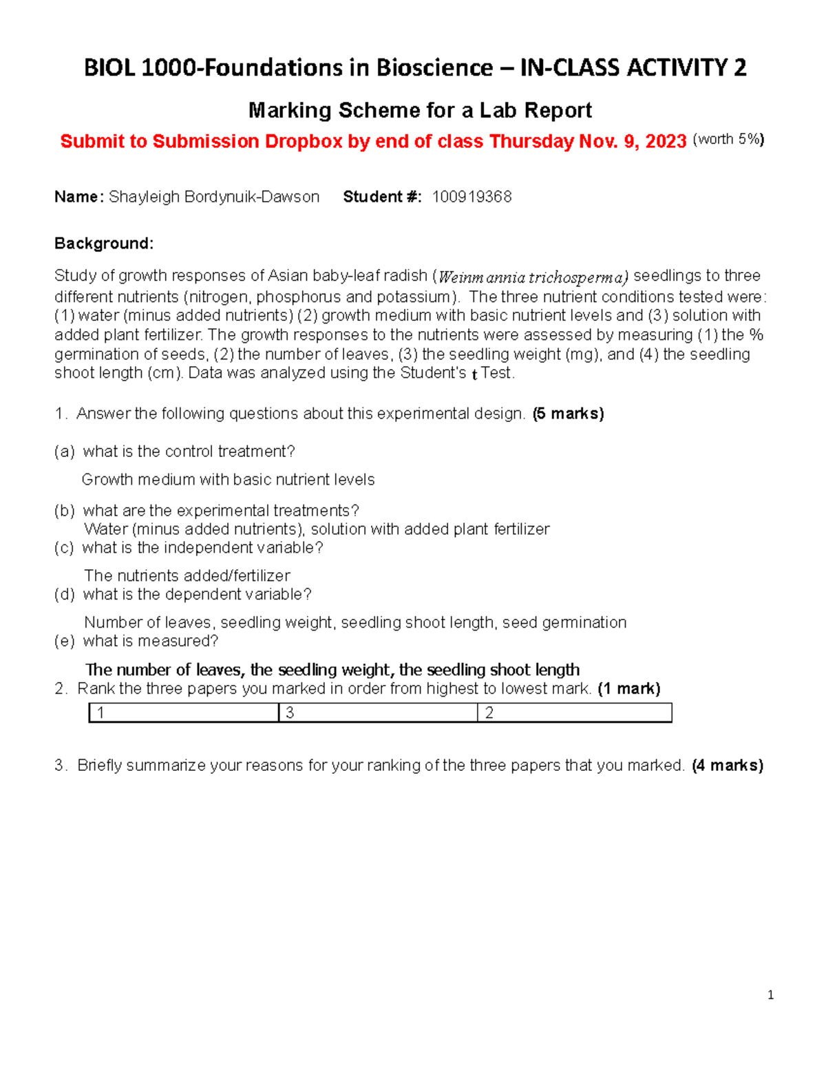 BIOL 1000 Activity 2 Marking Papers Worksheet - BIOL 1000-Foundations ...