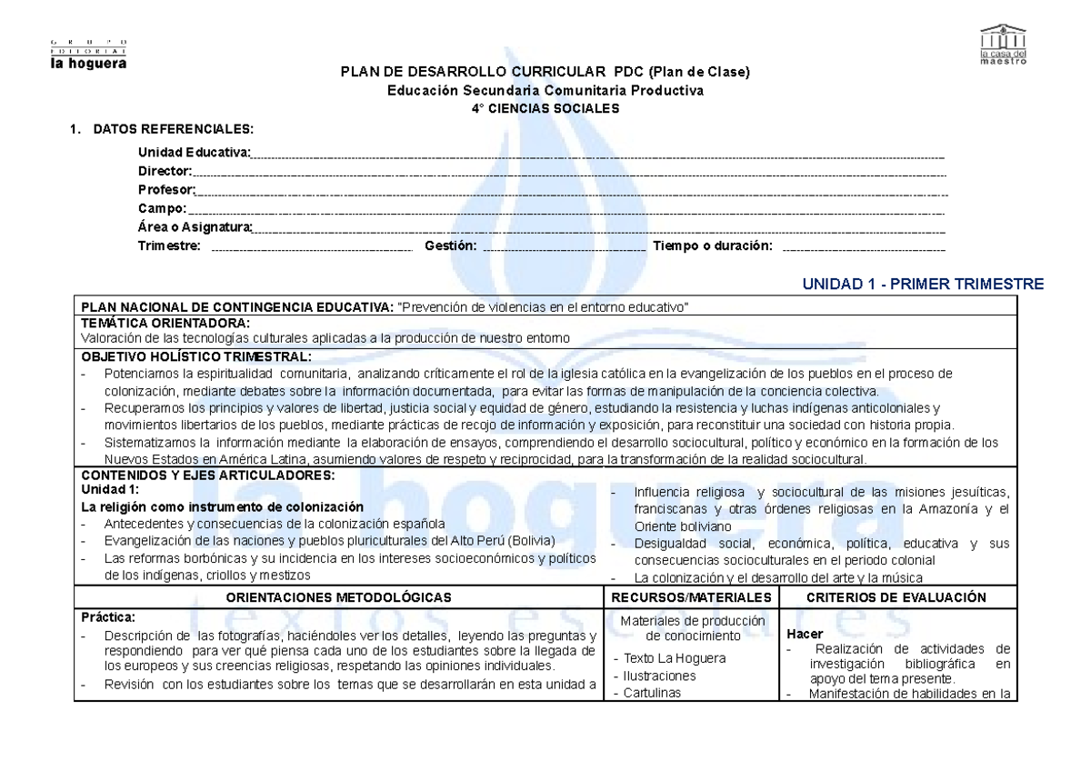 PDC 4to Ciencias Sociales Secundaria L - PLAN DE DESARROLLO CURRICULAR ...