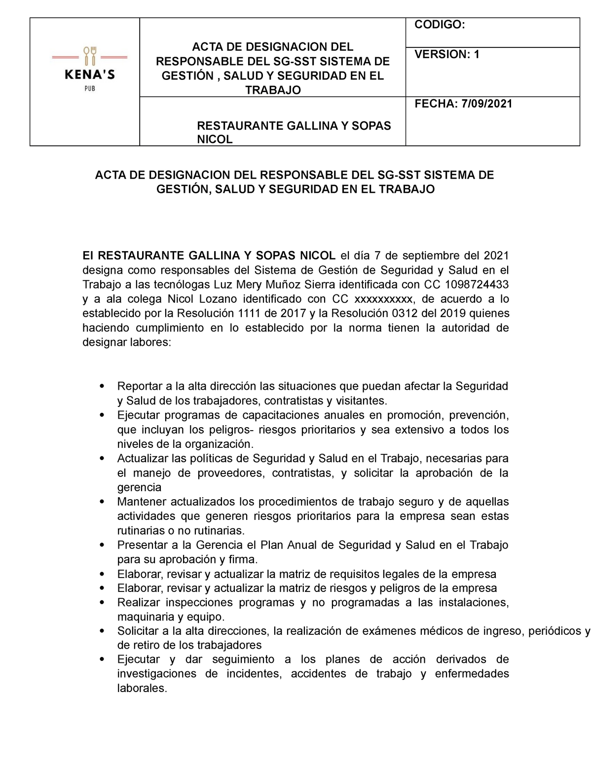 Acta De Designacion Del Responsable Del Sg Sst Convertido Acta De