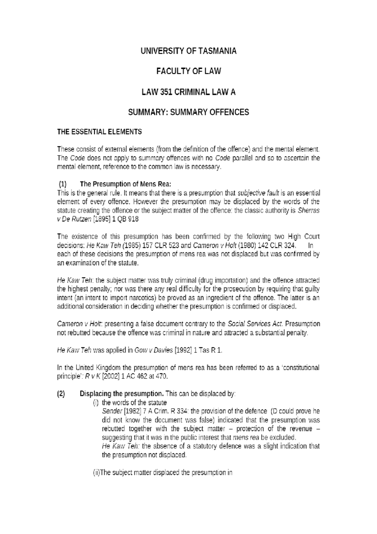 Summary 2 Summary Offences - LAW1506 - Adelaide University - Studocu