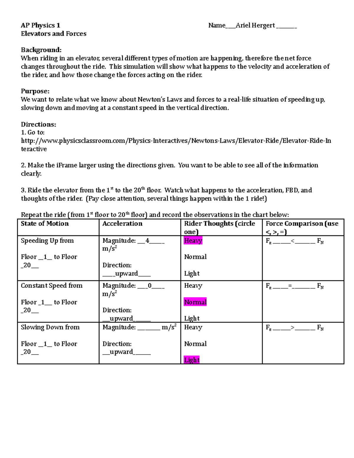 Copy of Week 10 Elevator Ride Simulation AP Physics 1 Name____Ariel