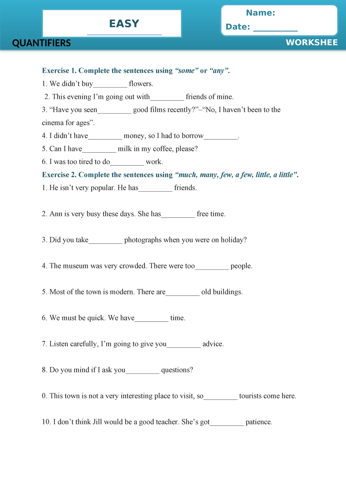 Quantifiers- Worksheet - EASY GRAMMAR Date ...