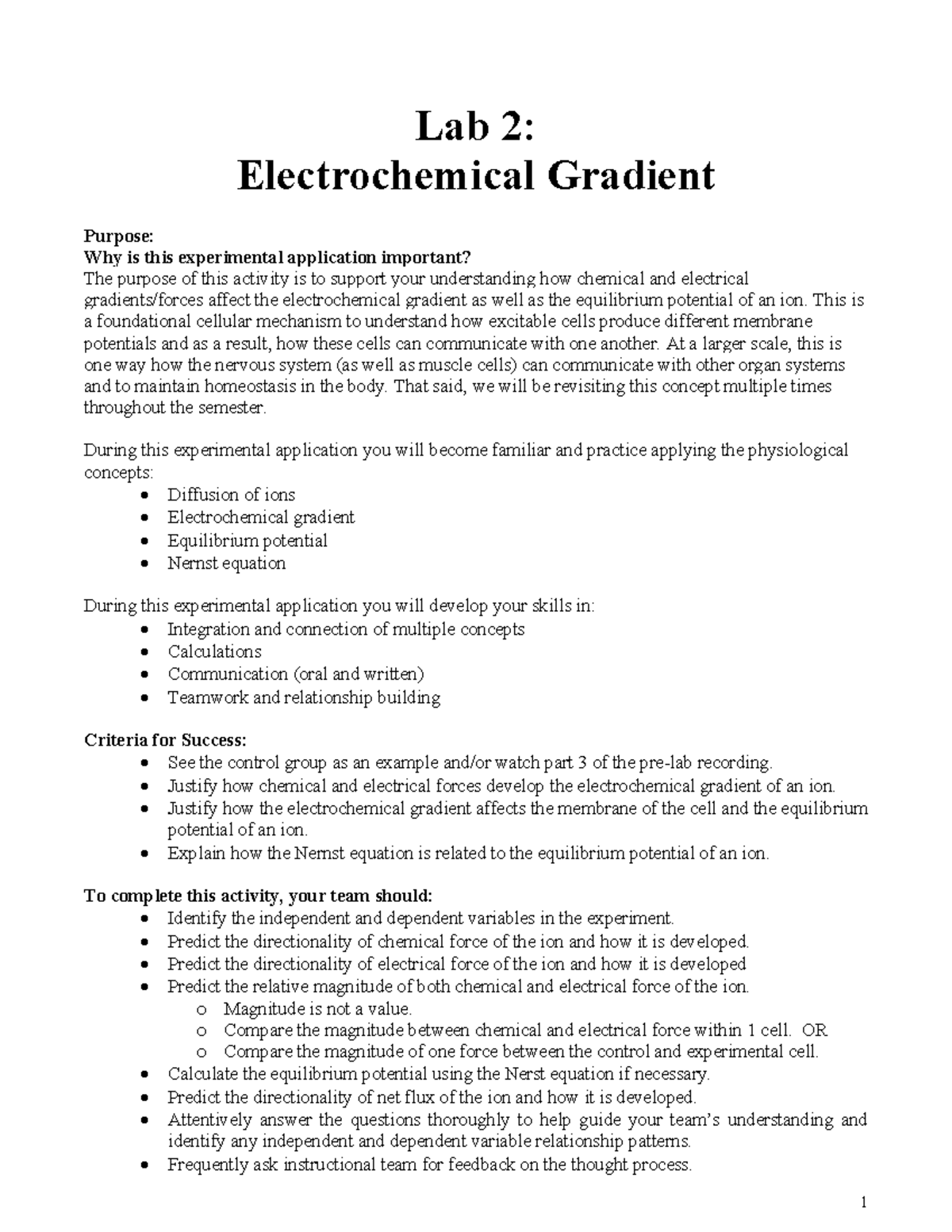 Lab 2 Electrochemical Gradient Lab 2 Electrochemical Gradient
