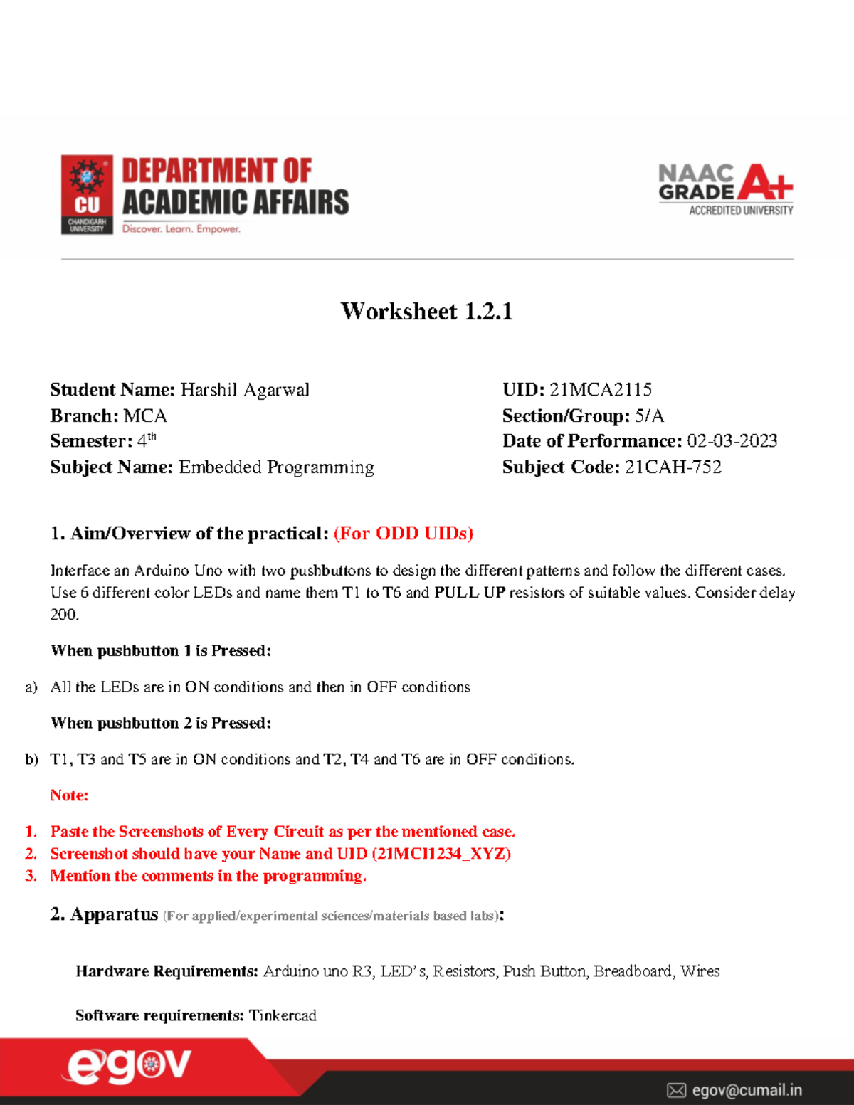 Worksheet push button - Worksheet 1. Student Name: Harshil Agarwal UID ...