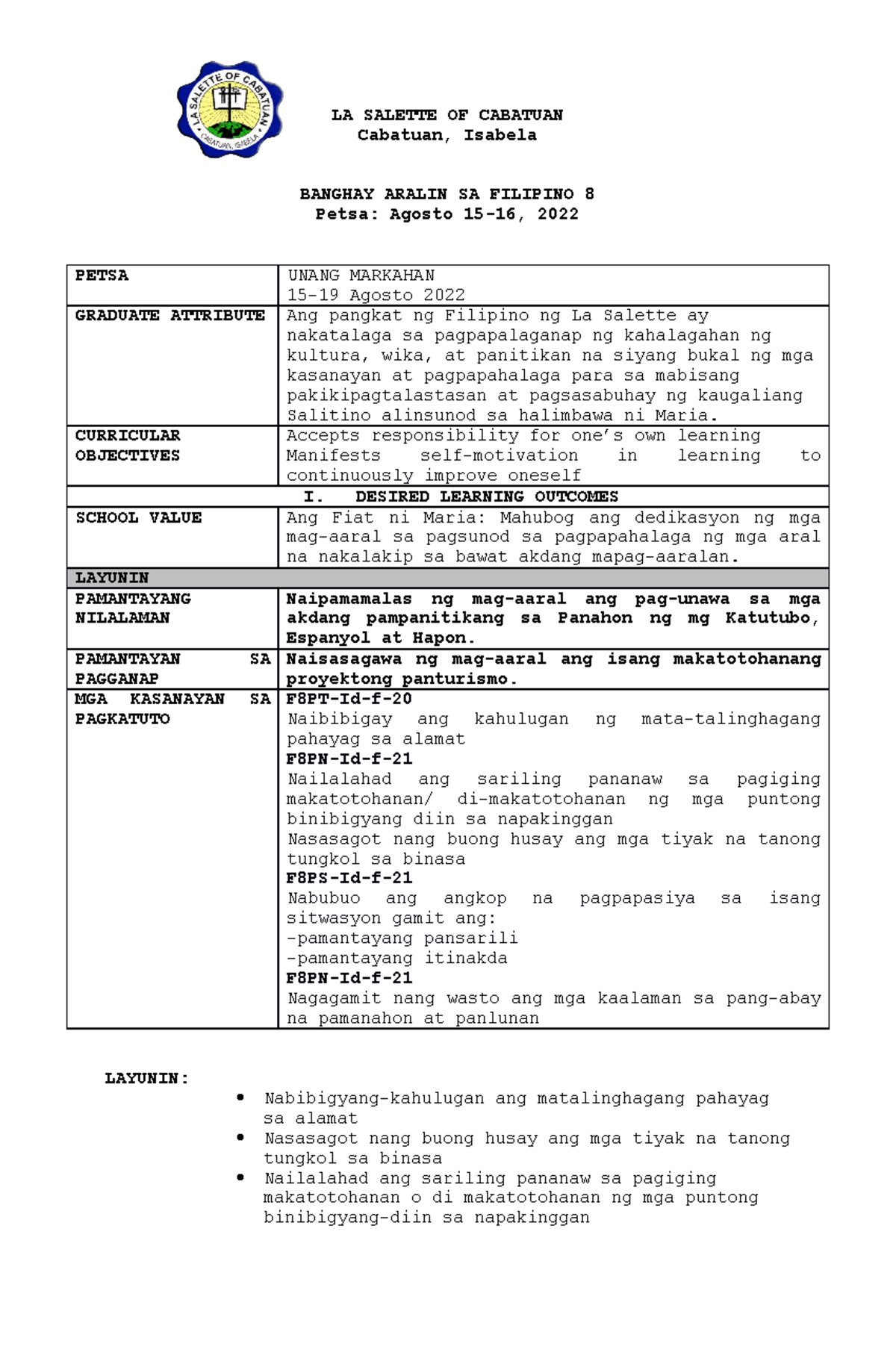 Filipino Baitang 8 N/a LA SALETTE OF CABATUAN Cabatuan, Isabela