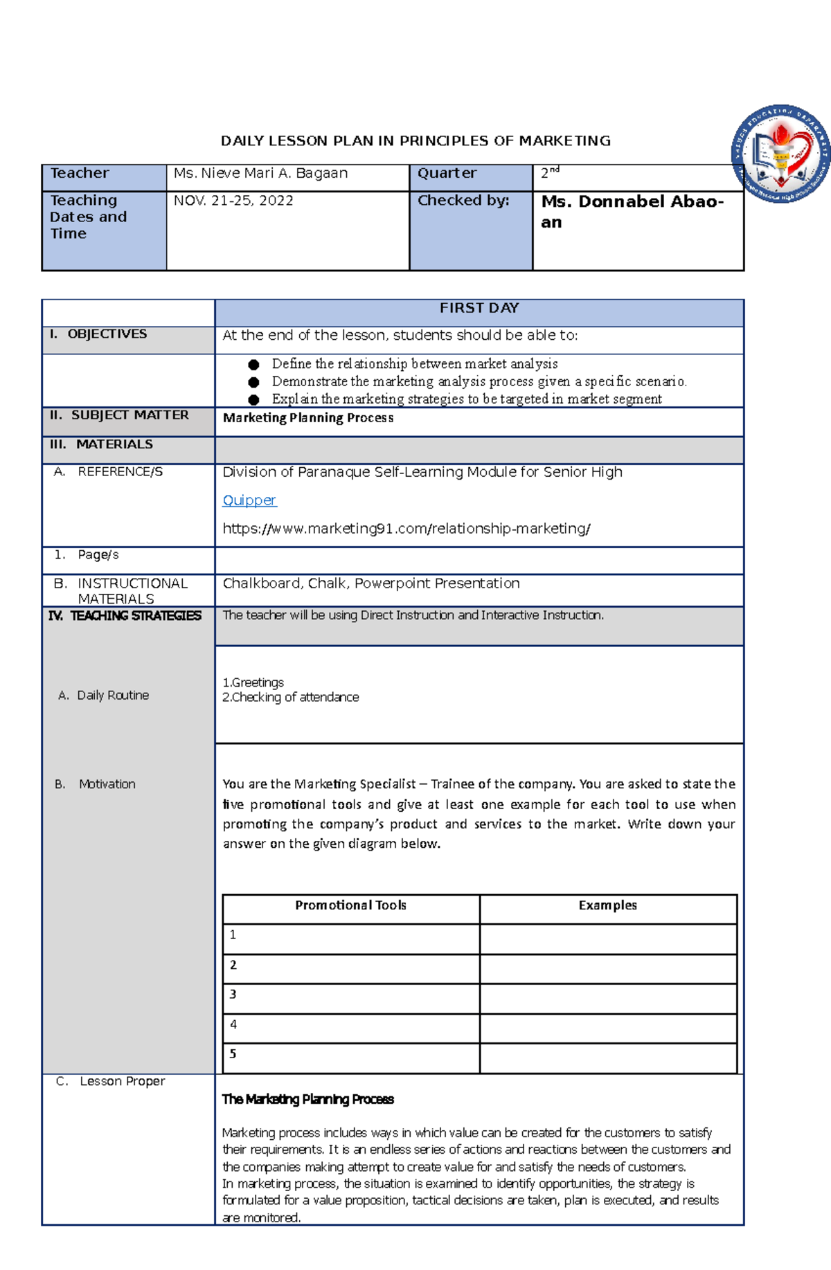 DLP-Statement of the Problem - DAILY LESSON PLAN IN PRINCIPLES OF ...