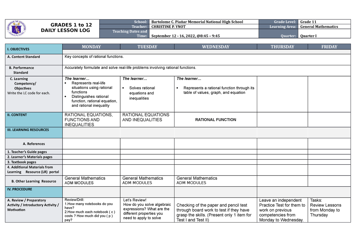 DLL-Gen Math Q 1-W3 - DLL - GRADES 1 to 12 DAILY LESSON LOG School ...