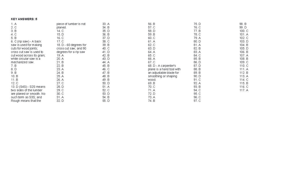 Day 2 TLE Carpentry and Masonry Answer Key - KEY ANSWERS: 5 1. A 2. C 3 ...