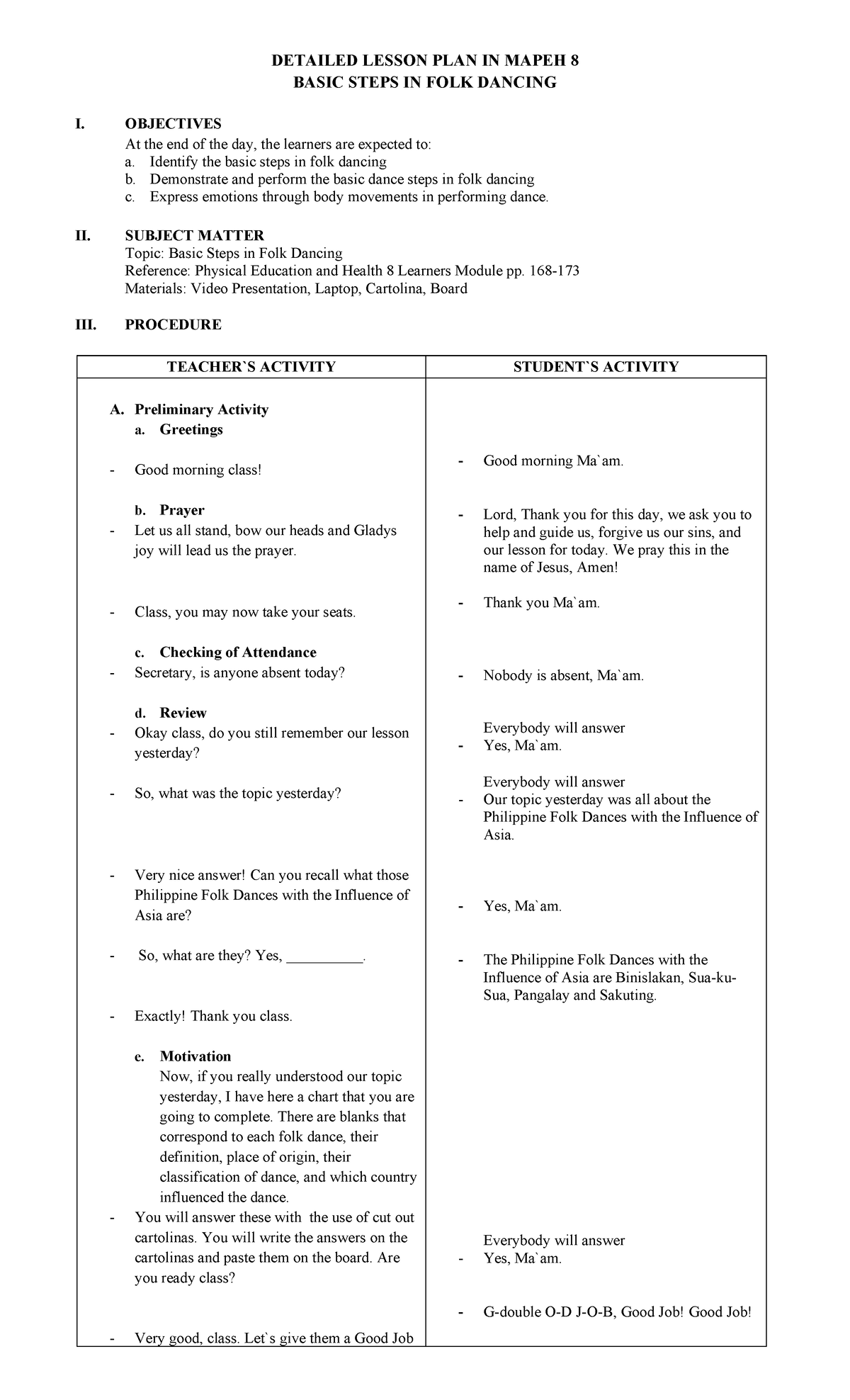 Detailed Lesson PLAN IN Mapeh 8 - DETAILED LESSON PLAN IN MAPEH 8 BASIC ...