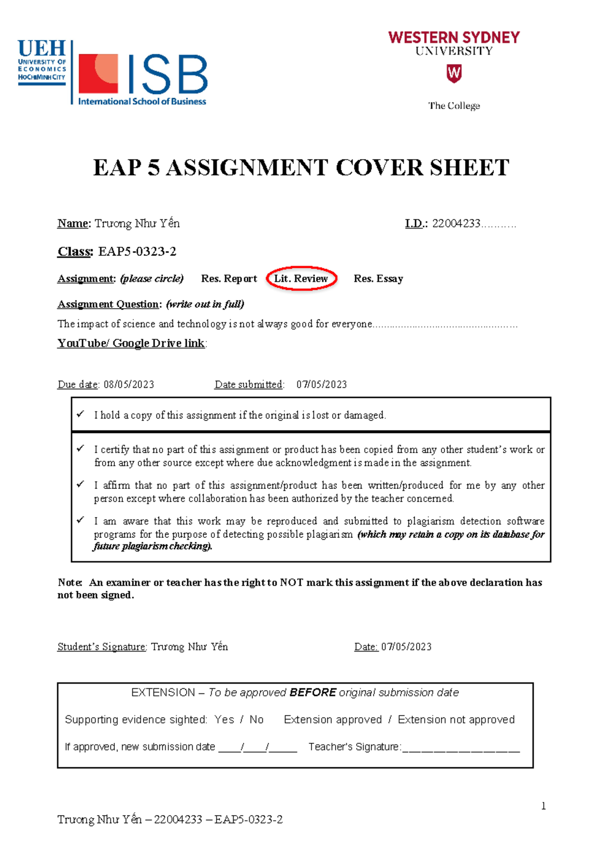 CLR - EAP 5 ASSIGNMENT COVER SHEET Name: Trương Như Yến I.: 22004233 ...