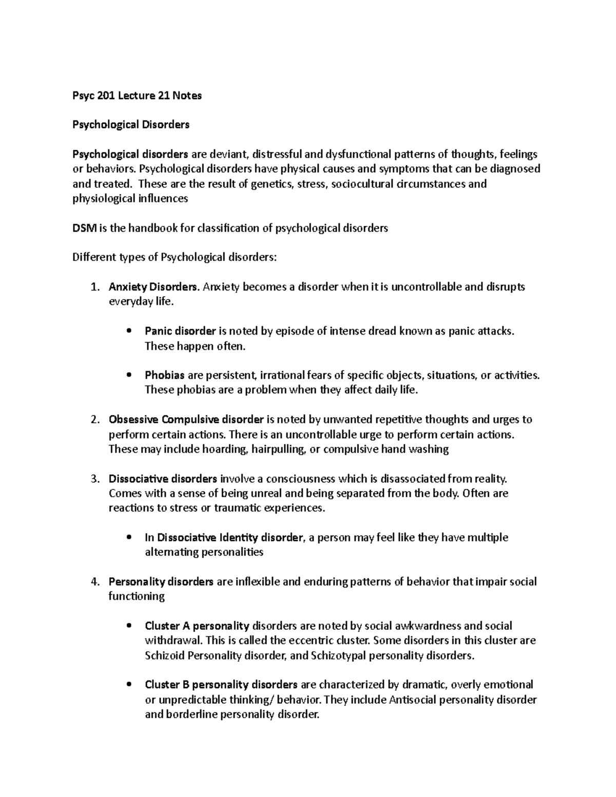Psyc 201 Lecture 21 Notes - Psyc 201 Lecture 21 Notes Psychological ...