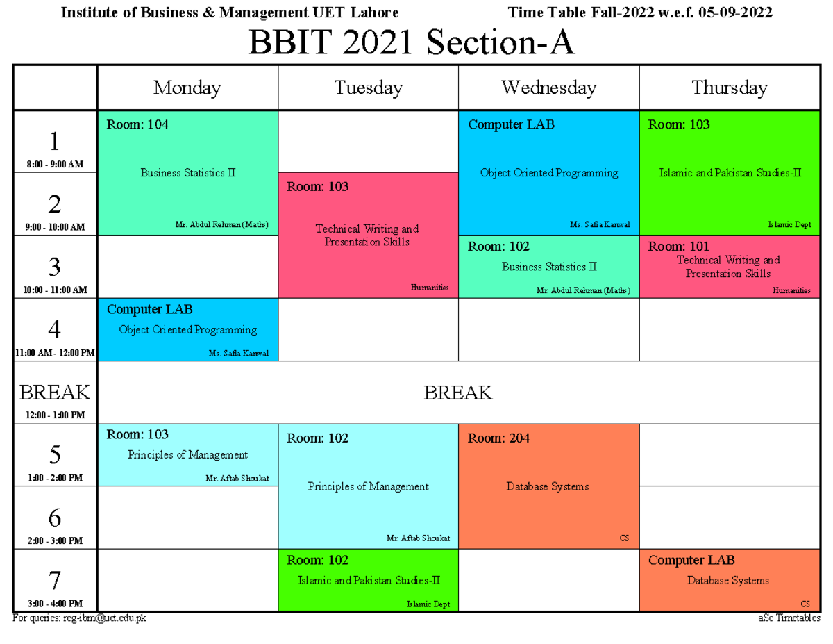 BBIT-2021-1 - Schedule - For queries: reg-ibm@uet.edu aSc Timetables ...