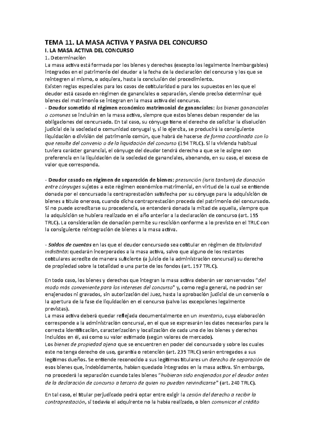 Lección 11. La Masa Activa y Pasiva del Concurso - TEMA 11. LA MASA ...