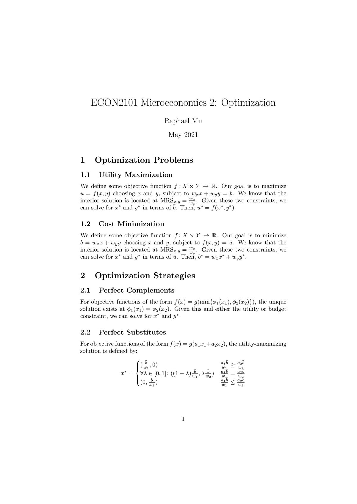 Optimization Strategies Econ2101 Microeconomics 2 Optimization Raphael Mu May 21 1 Optimization Studocu