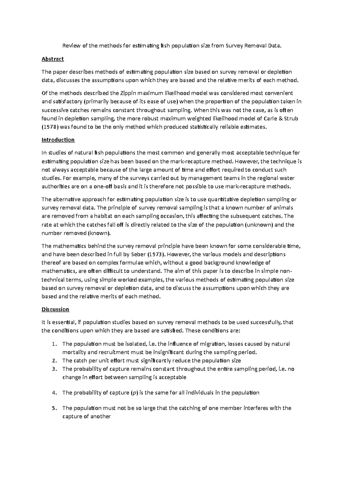 Review of the methods for estimating fish population size from Survey ...