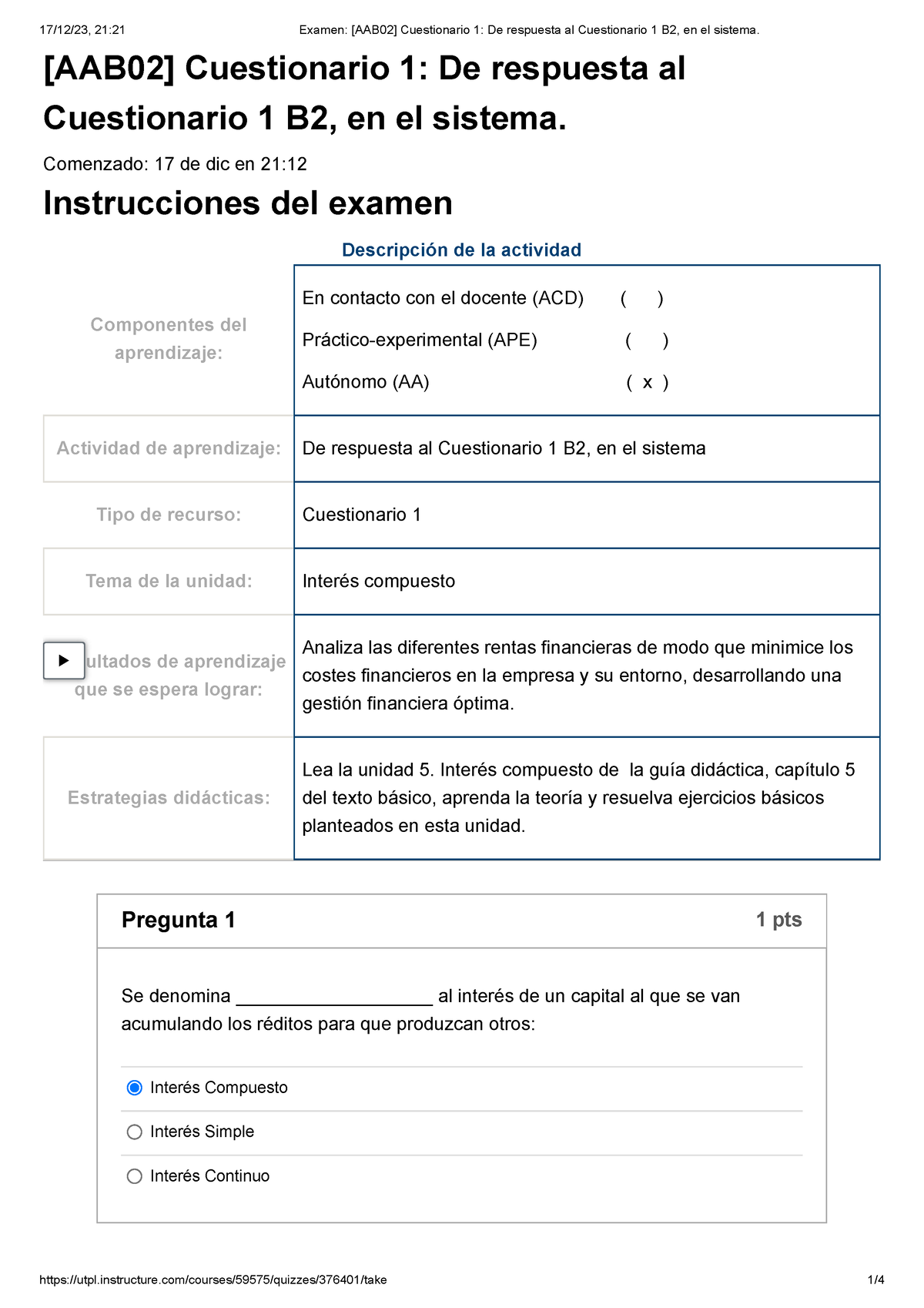 Examen [AAB02] Cuestionario 1 De Respuesta Al Cuestionario 1 B2, En El ...