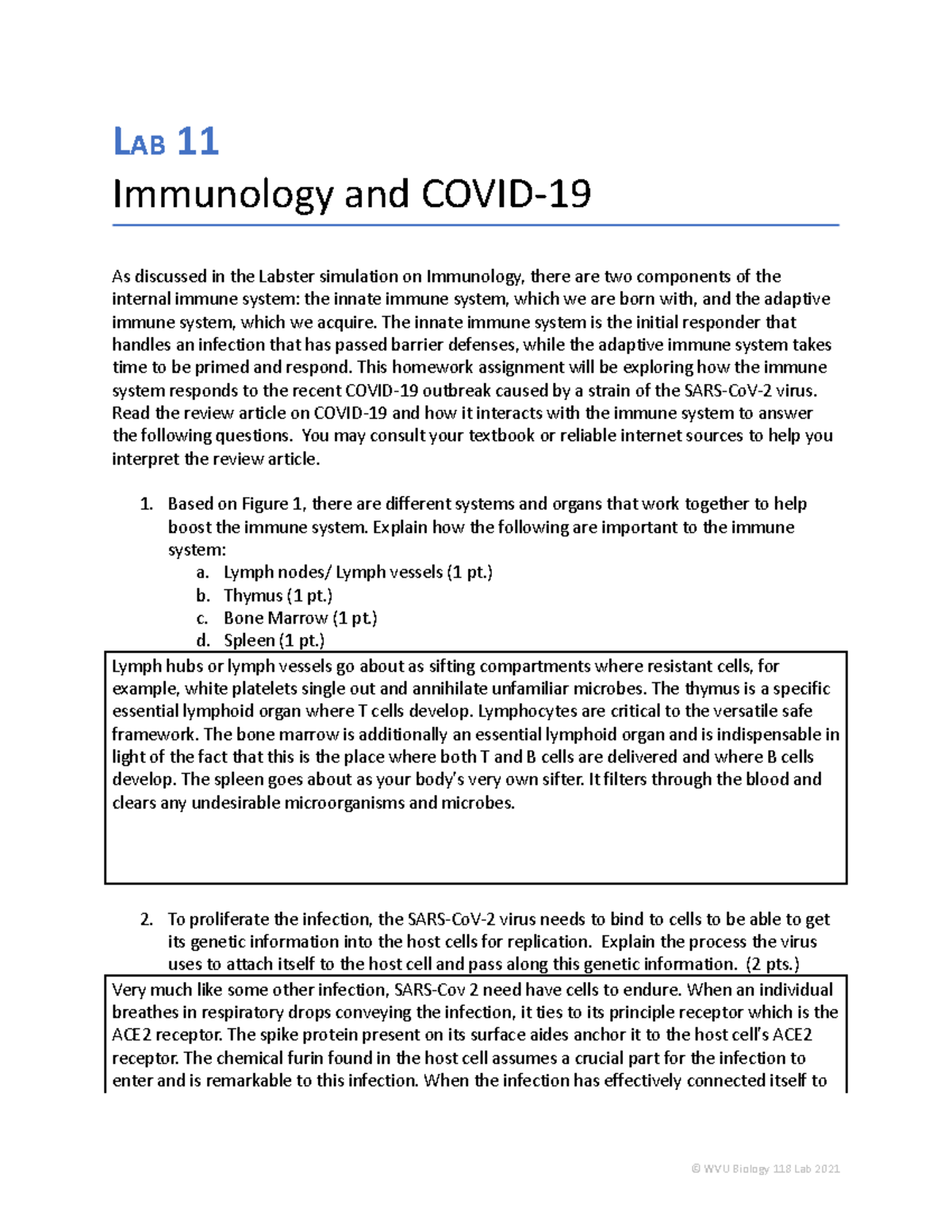 Lab 11 Help u LAB 11 Immunology and COVID As discussed in the