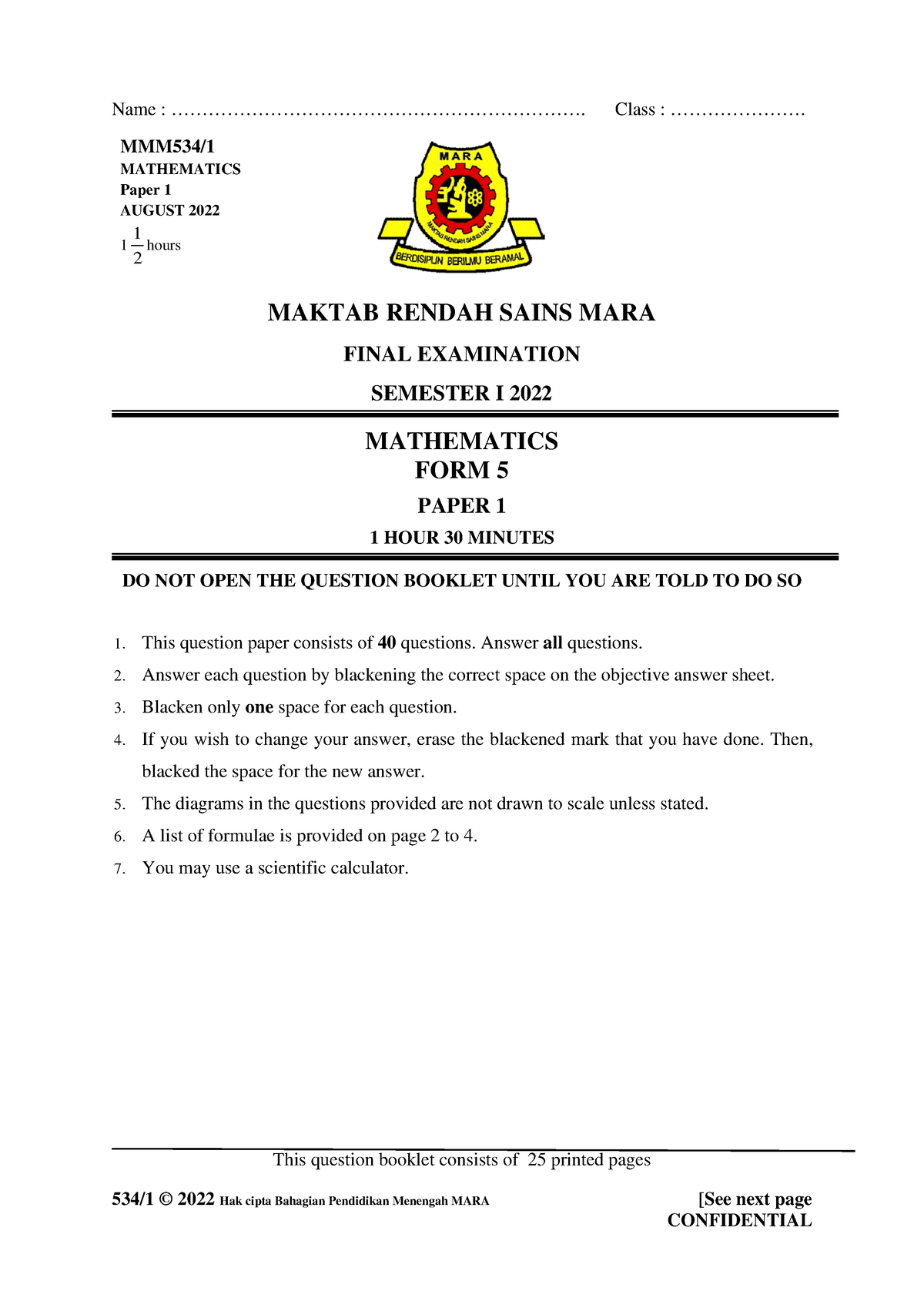 Soalan K1 - Past Year Exam Paper - 534/1 © 2022 Hak Cipta Bahagian ...