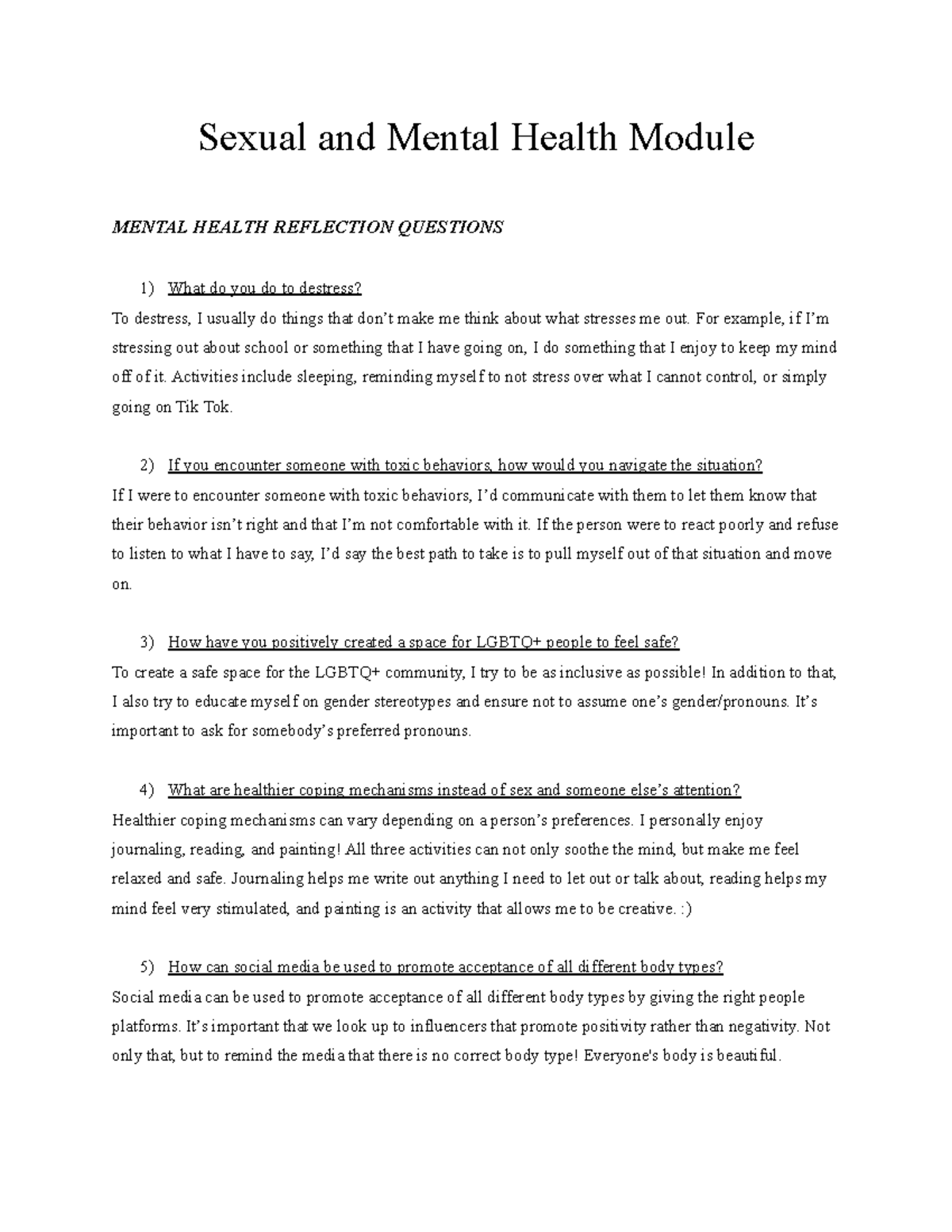 Sexual And Mental Health Module Sexual And Mental Health Module Mental Health Reflection 5502