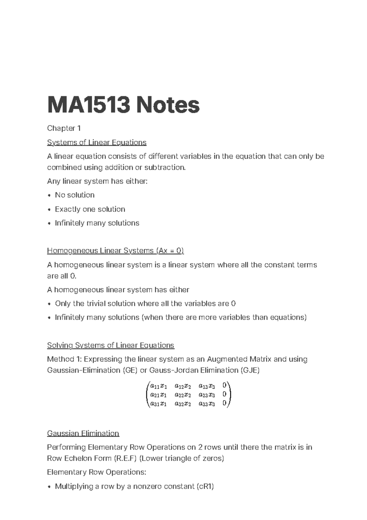 MA1513 notes compiled - MA 1513 Notes Chapter 1 Systems of Linear ...