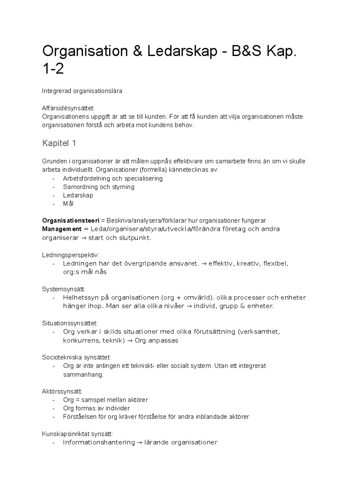 Organisation & Ledarskap - B&S Kap. 1-2 - Organisation & Ledarskap - B ...