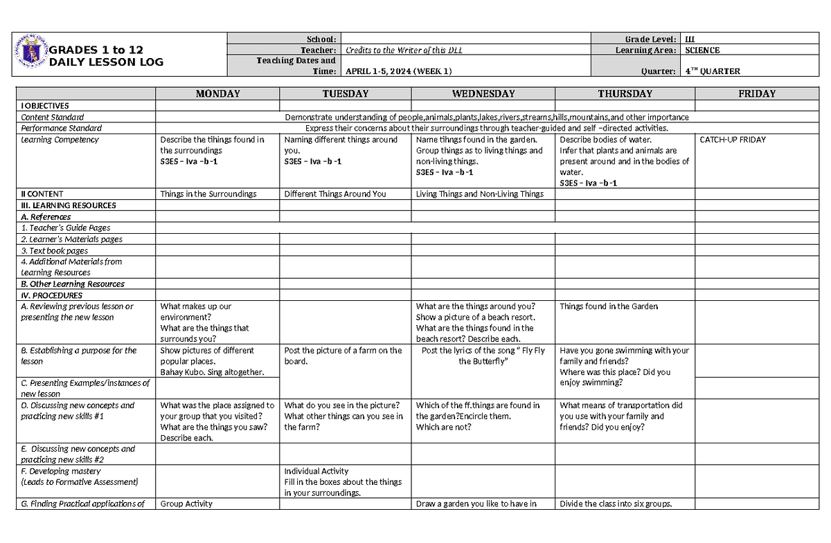DLL Science 3 Q4 W1-1 - None - GRADES 1 to 12 DAILY LESSON LOG School ...
