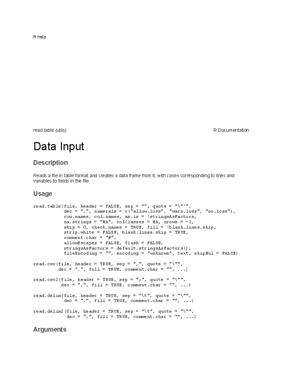 R help r manual R help read R Documentation Data Input Description