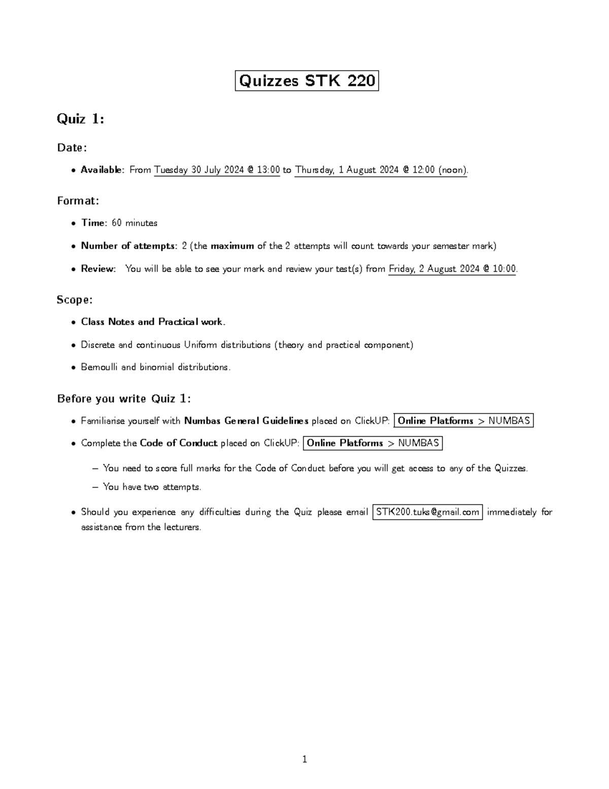 Quiz 1 2024 - The quiz activity - Quizzes STK 220 Quiz 1: Date ...